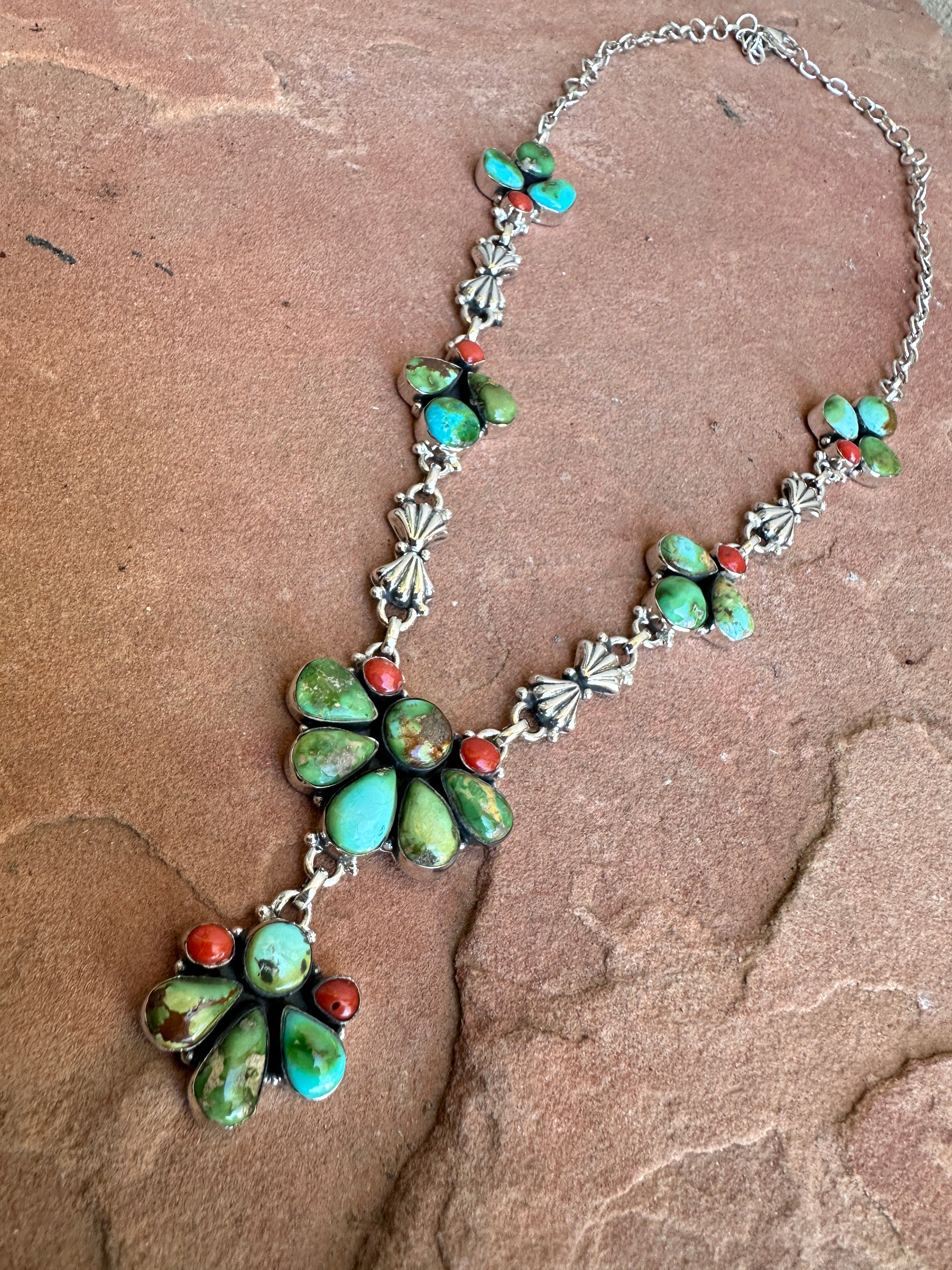 Beautiful Handmade Sterling Silver, Coral & Sonoran Turquoise Lariat Necklace Style D