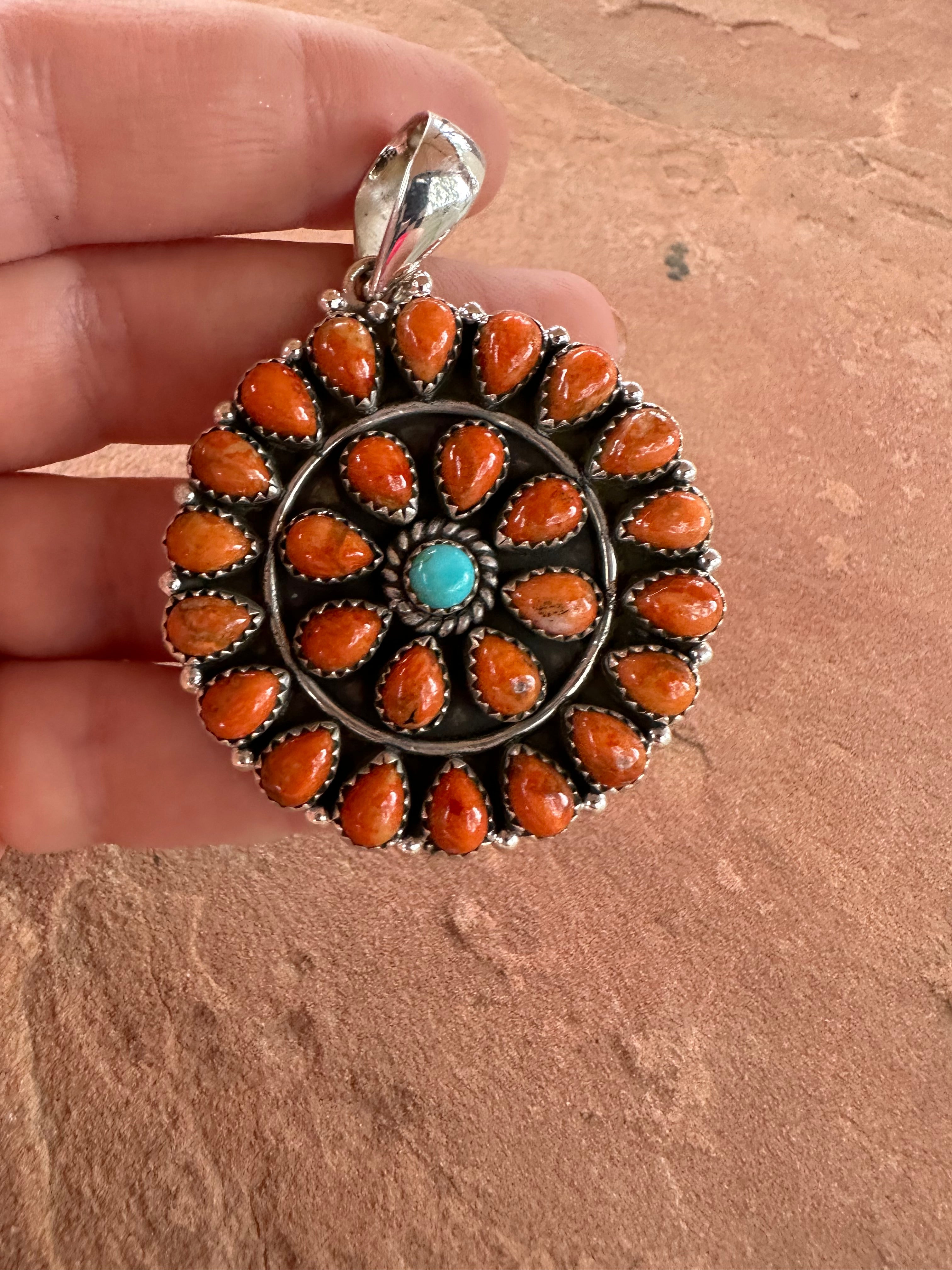 Beautiful Handmade Sterling Silver, Orange Mojave & Turquoise Cluster Pendant