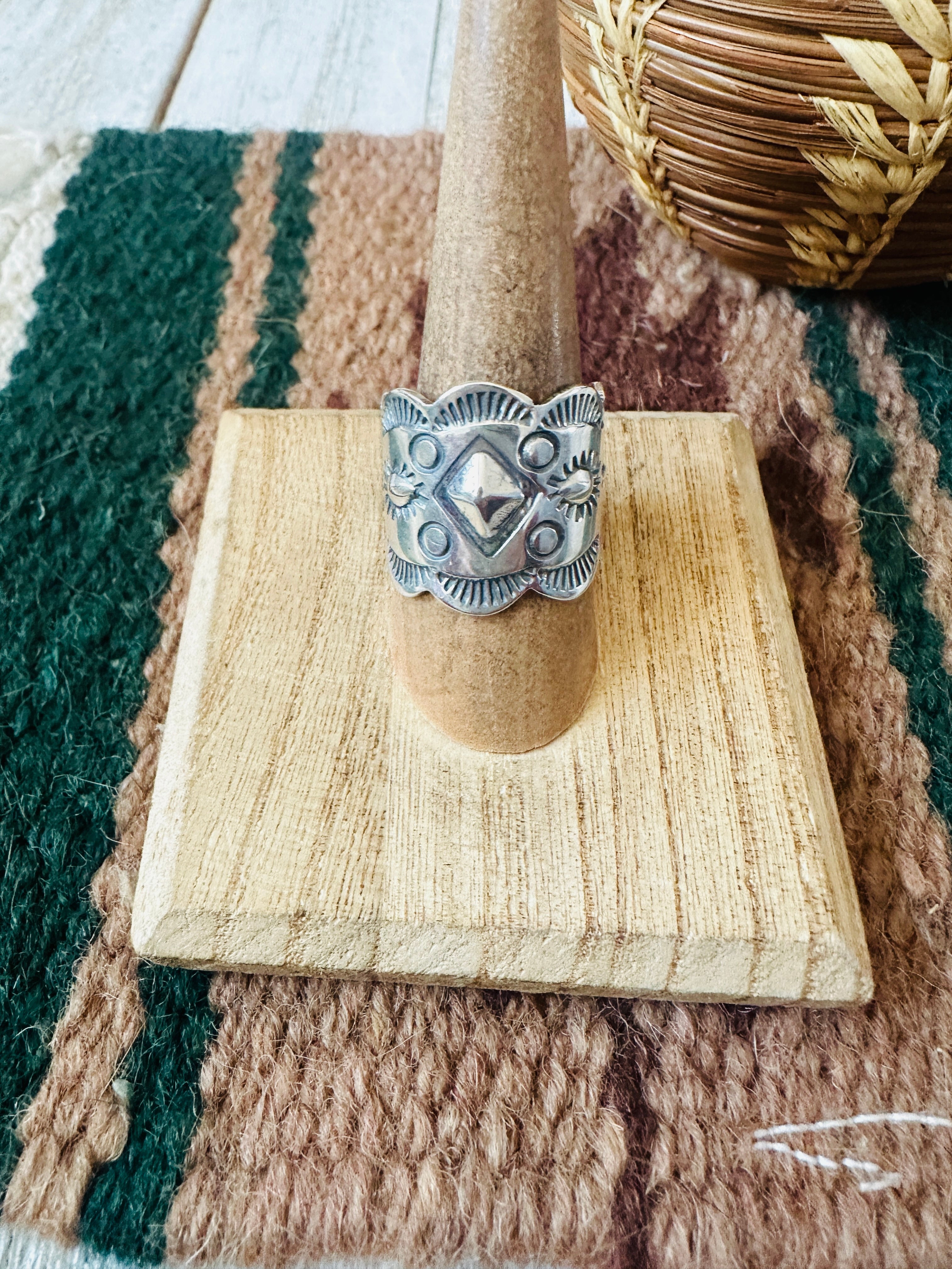 Navajo Hand Stamped Sterling Silver Concho Band Ring Size 8.75