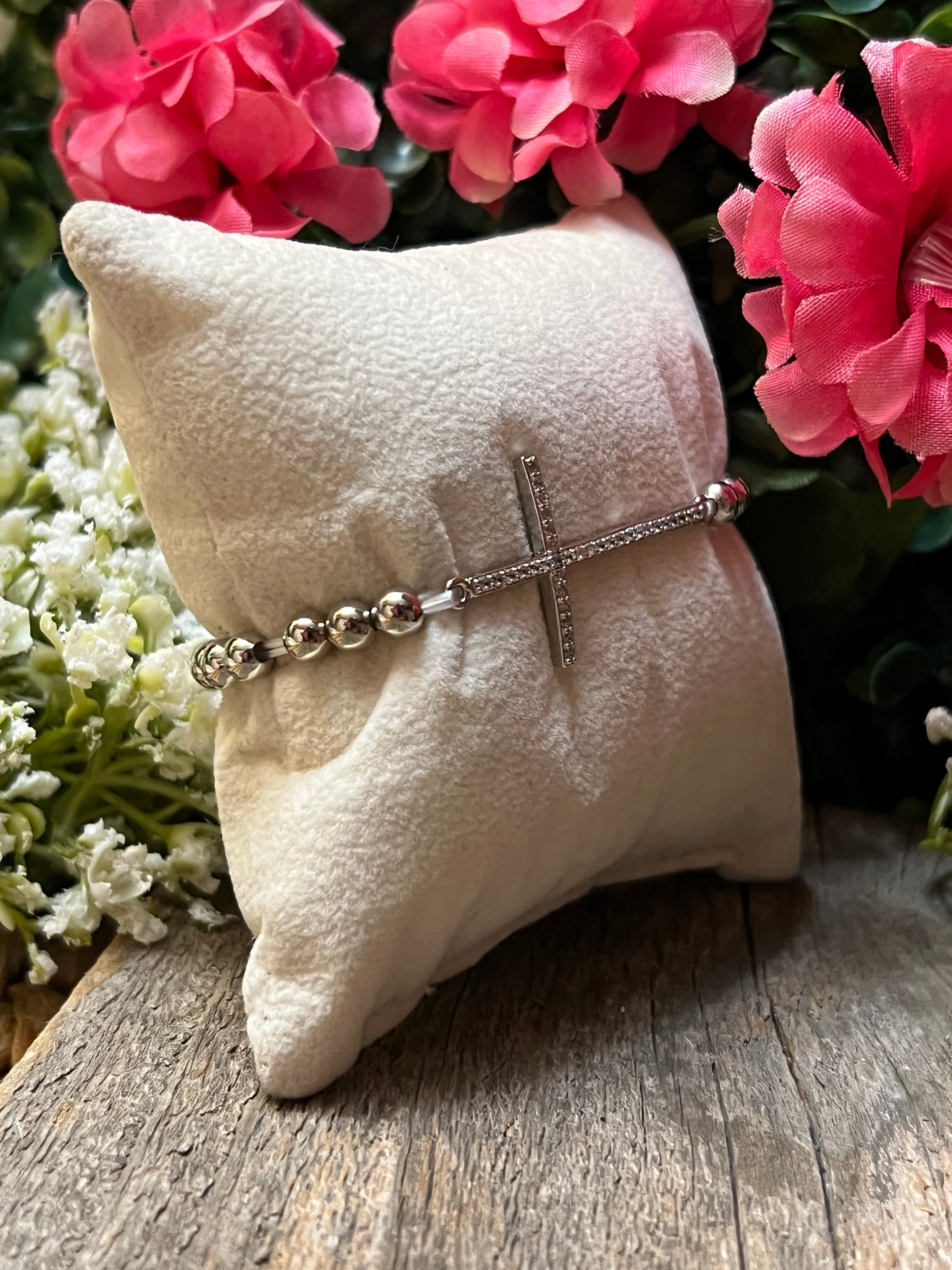 Silver Plated CZ Cross Beaded Bracelet