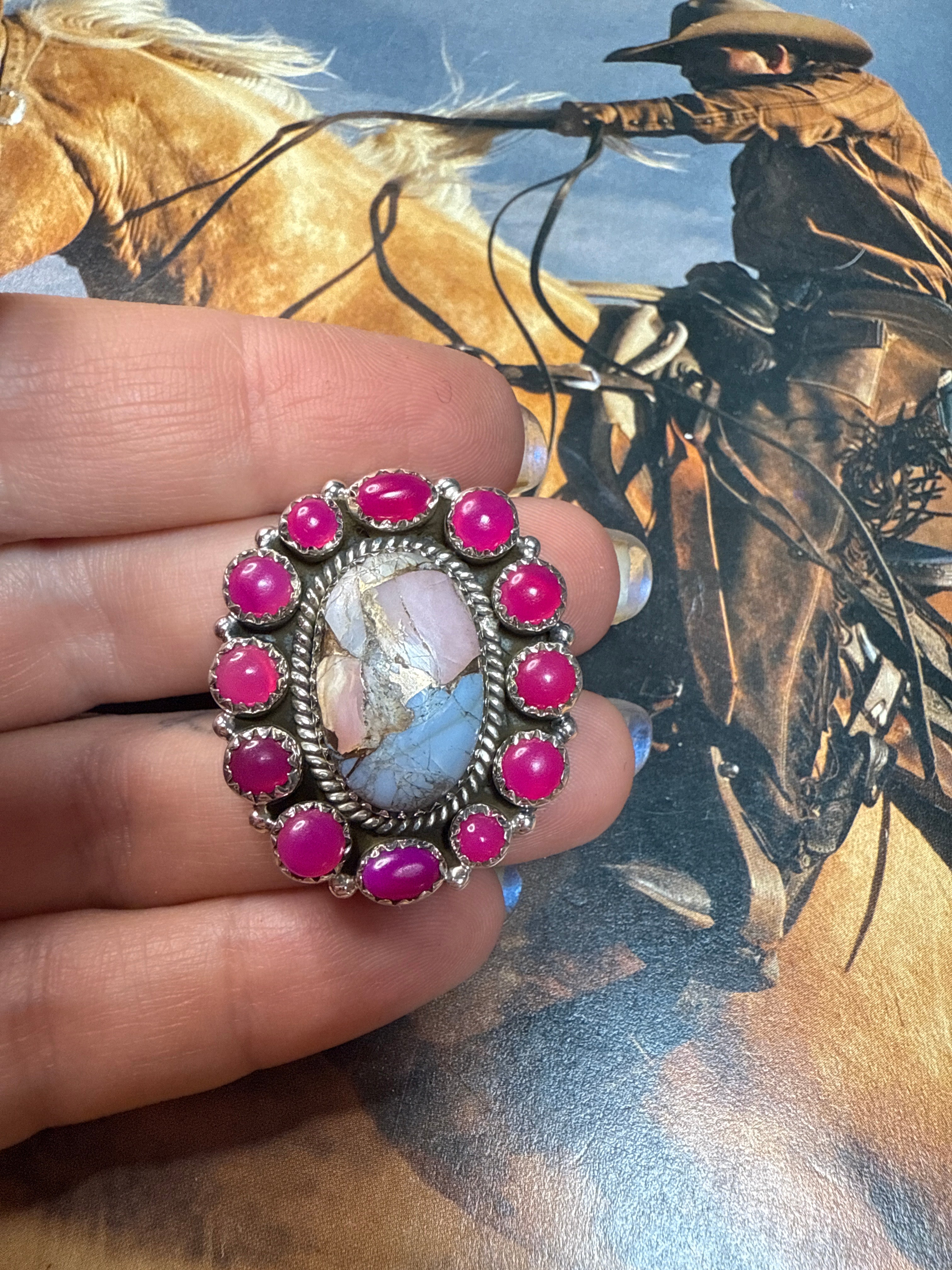 Handmade Sterling Silver, Pink Conch Mojave & Pink Opal Adjustable Ring