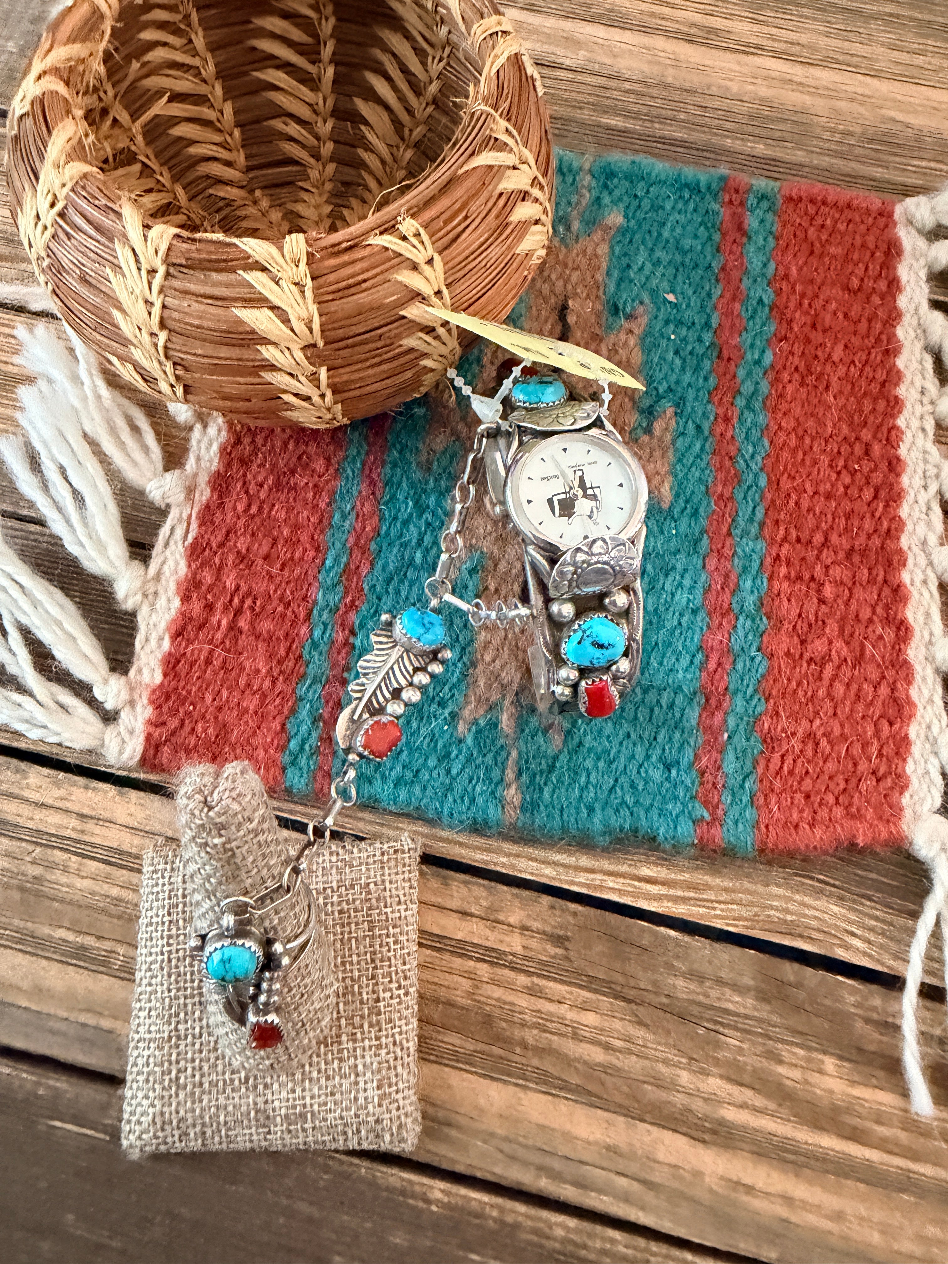 Handcrafted Old Pawn Turquoise, Coral & Sterling Silver Watch Cuff with Hand Chain