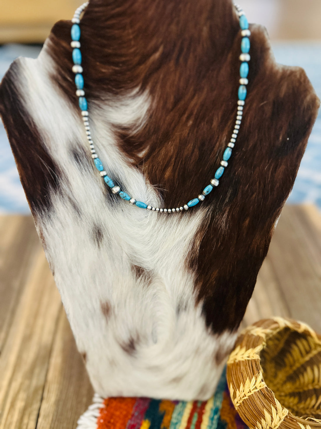 Handcrafted Turquoise & Sterling Silver Pearl 16” Beaded Necklace