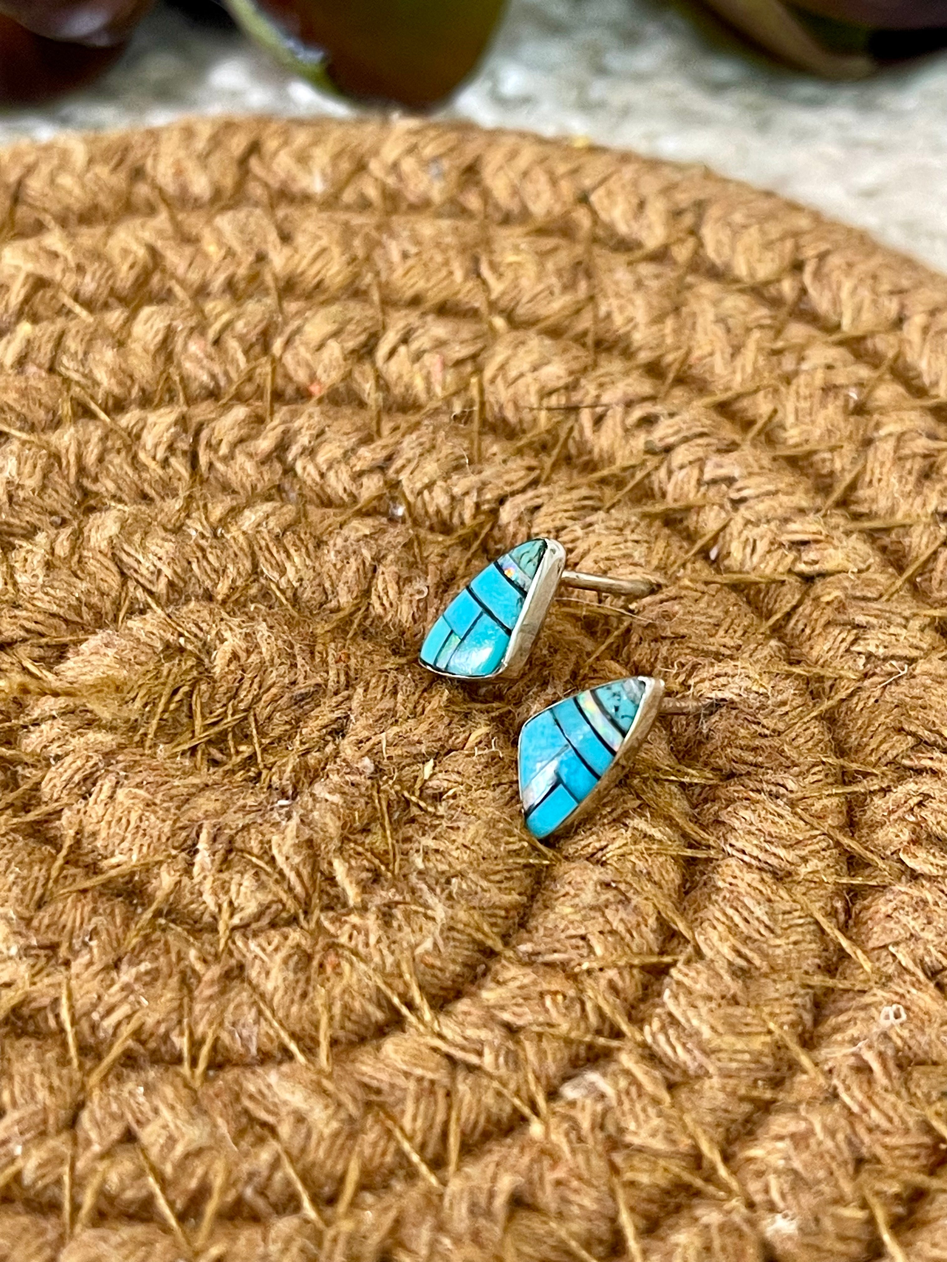 Beautiful Handmade Sterling Silver & Turquoise Inlay Stud Earrings