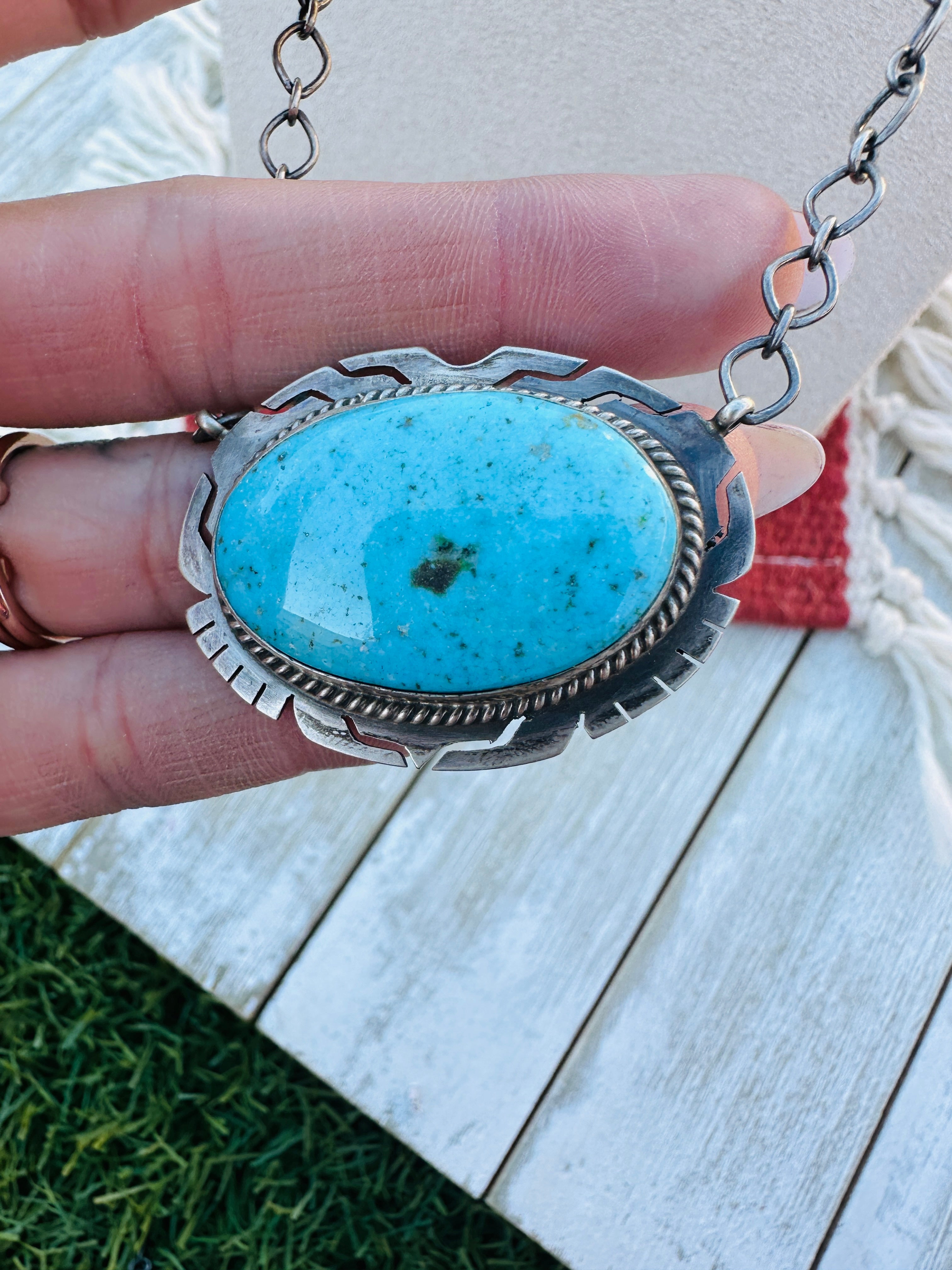 Handcrafted Sterling Silver 18” Link Chain & Turquoise Necklace