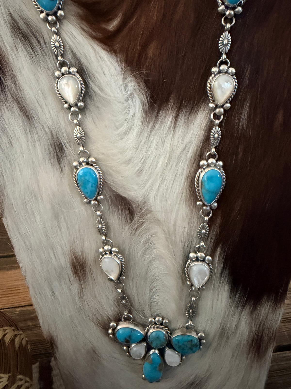 Handcrafted Turquoise, Mother of Pearl & Sterling Silver Cluster Necklace and Earring Set by Fred Francis