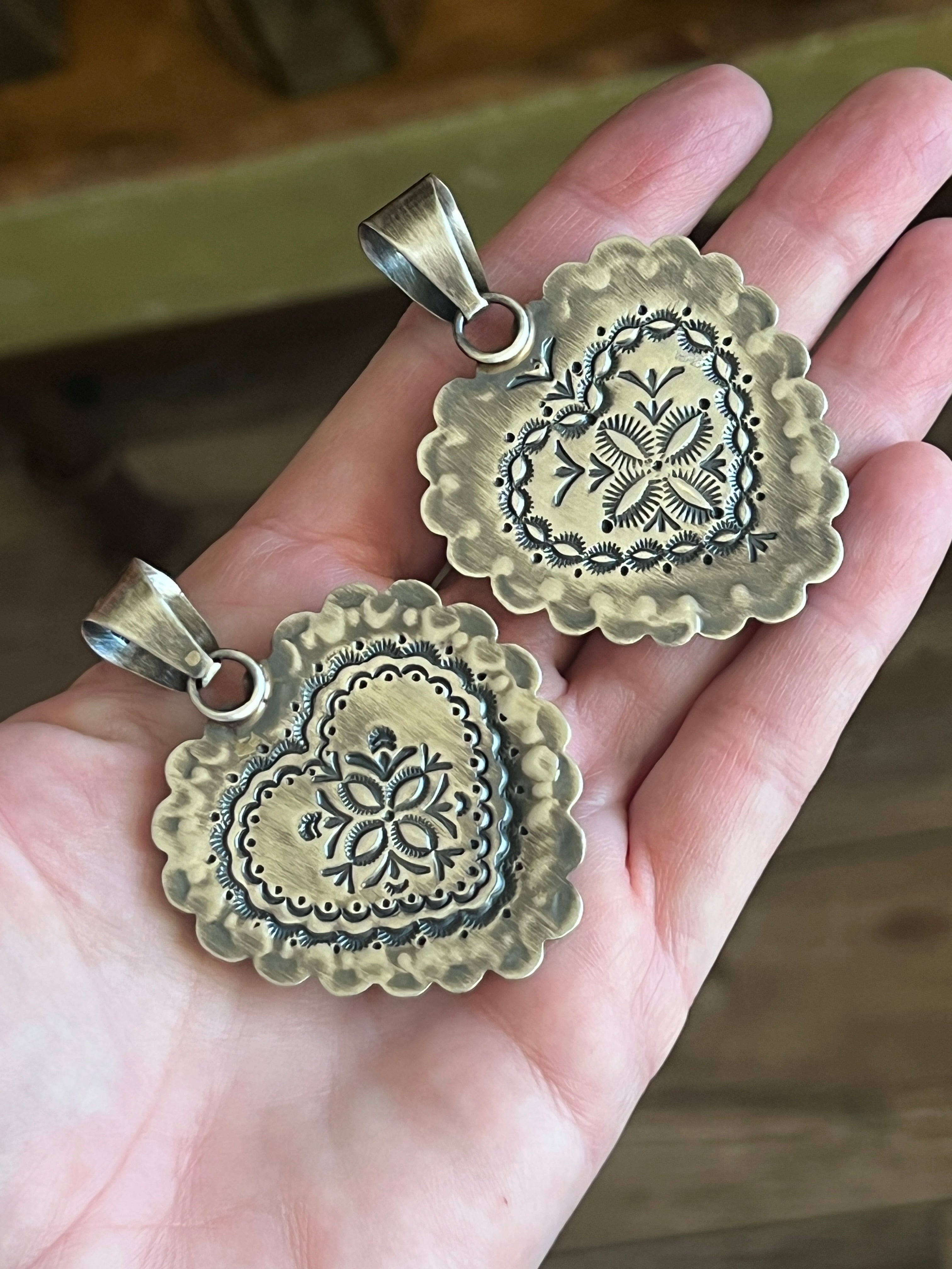 Hand Stamped Sterling Silver & Kingman Turquoise Heart Pendant by June Delgarito