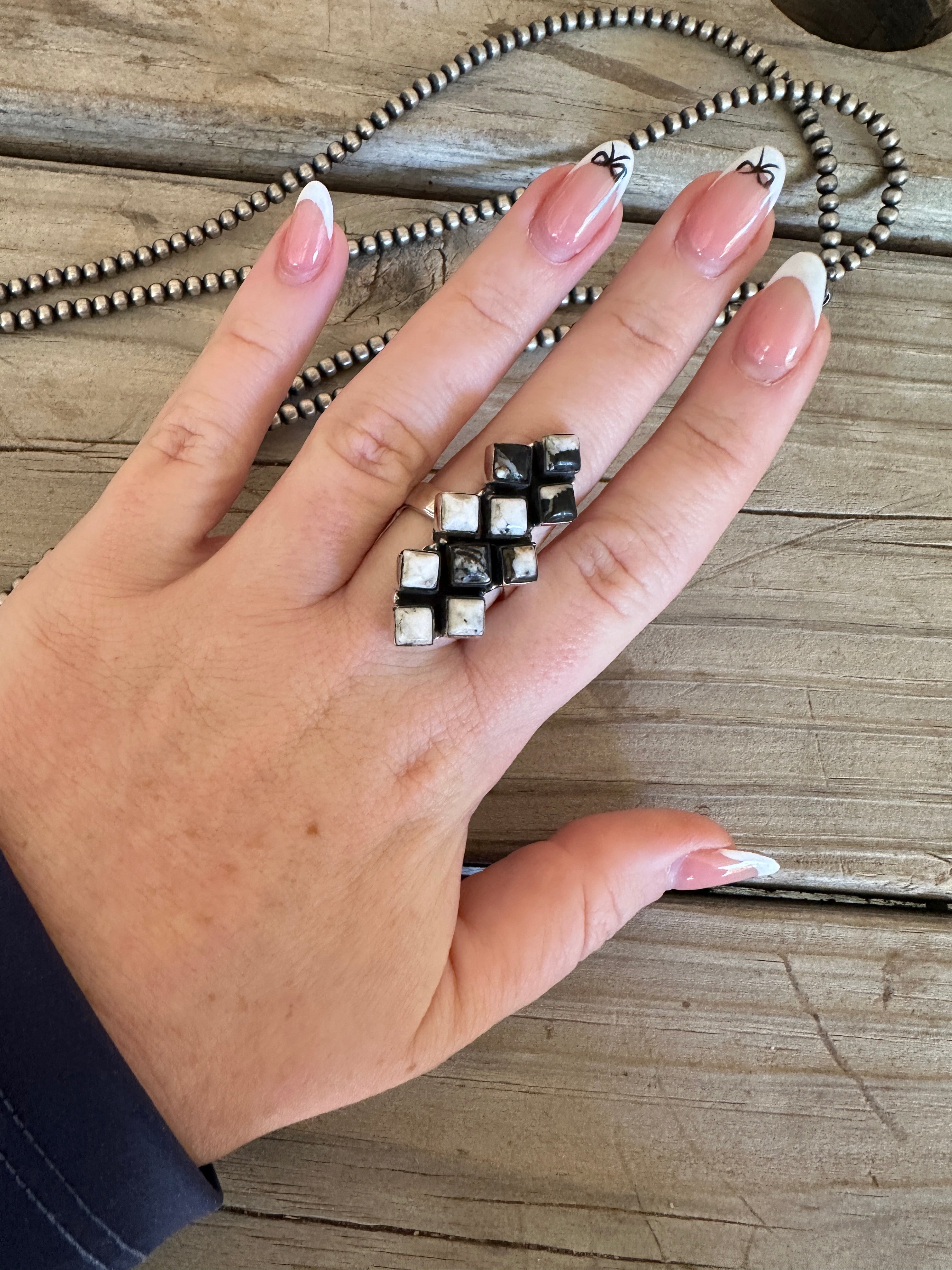 Beautiful Handmade White Buffalo And Sterling Silver Adjustable Ring