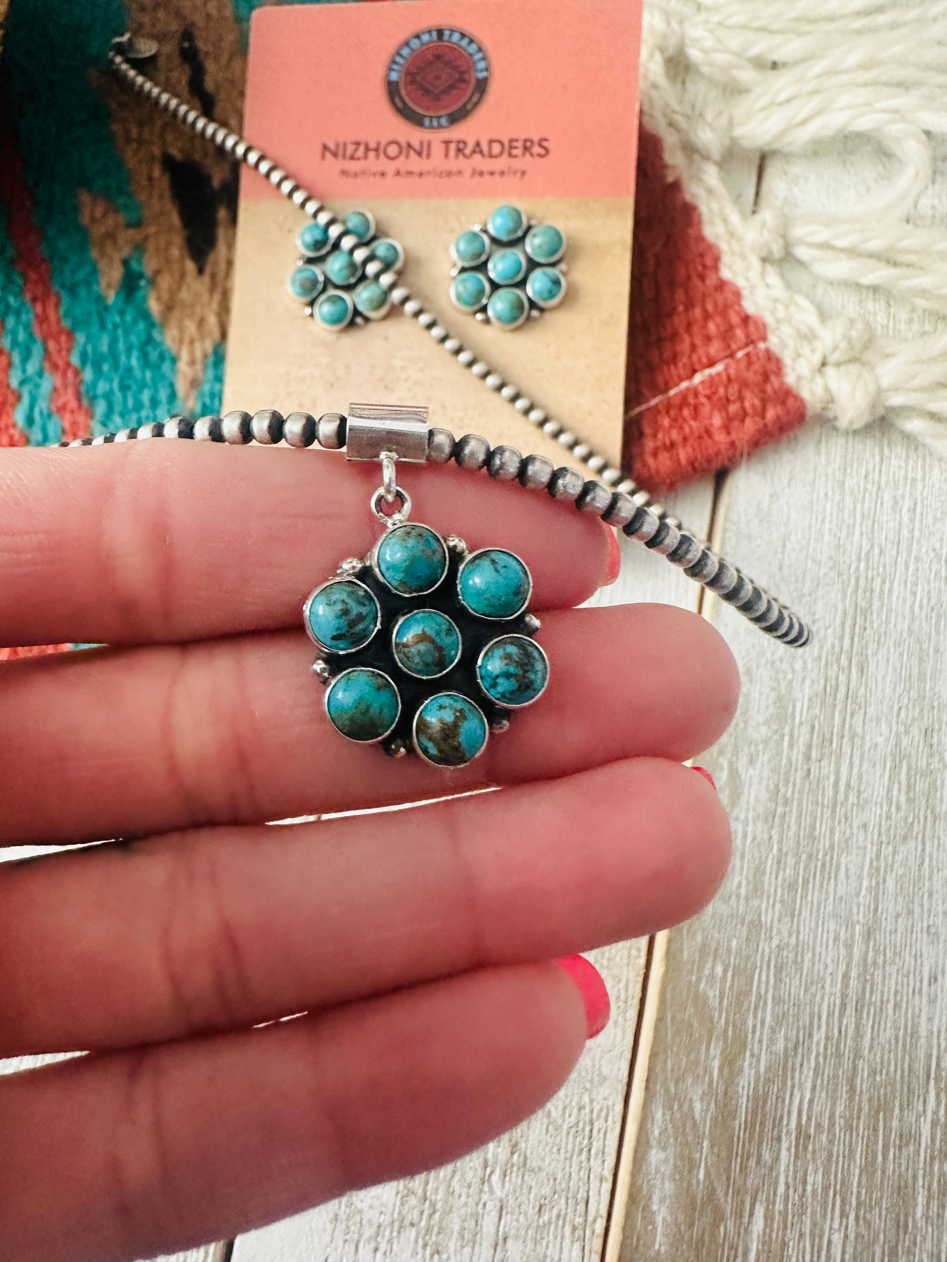 Navajo Sterling Silver & Turquoise Cluster Pendant and Earring Set