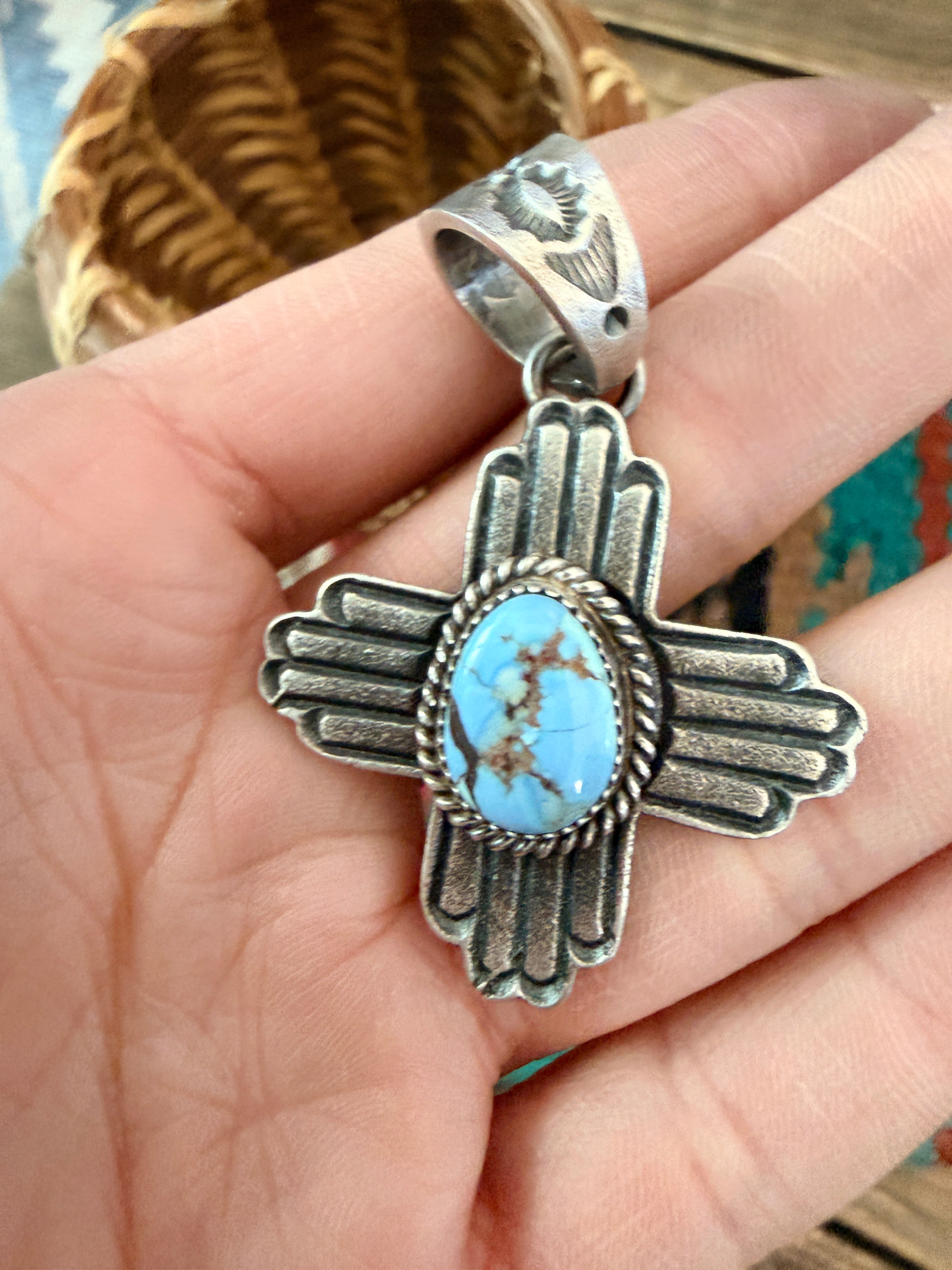 Handcrafted Sterling Silver & Golden Hills Turquoise Cross Pendant by Kevin Billah