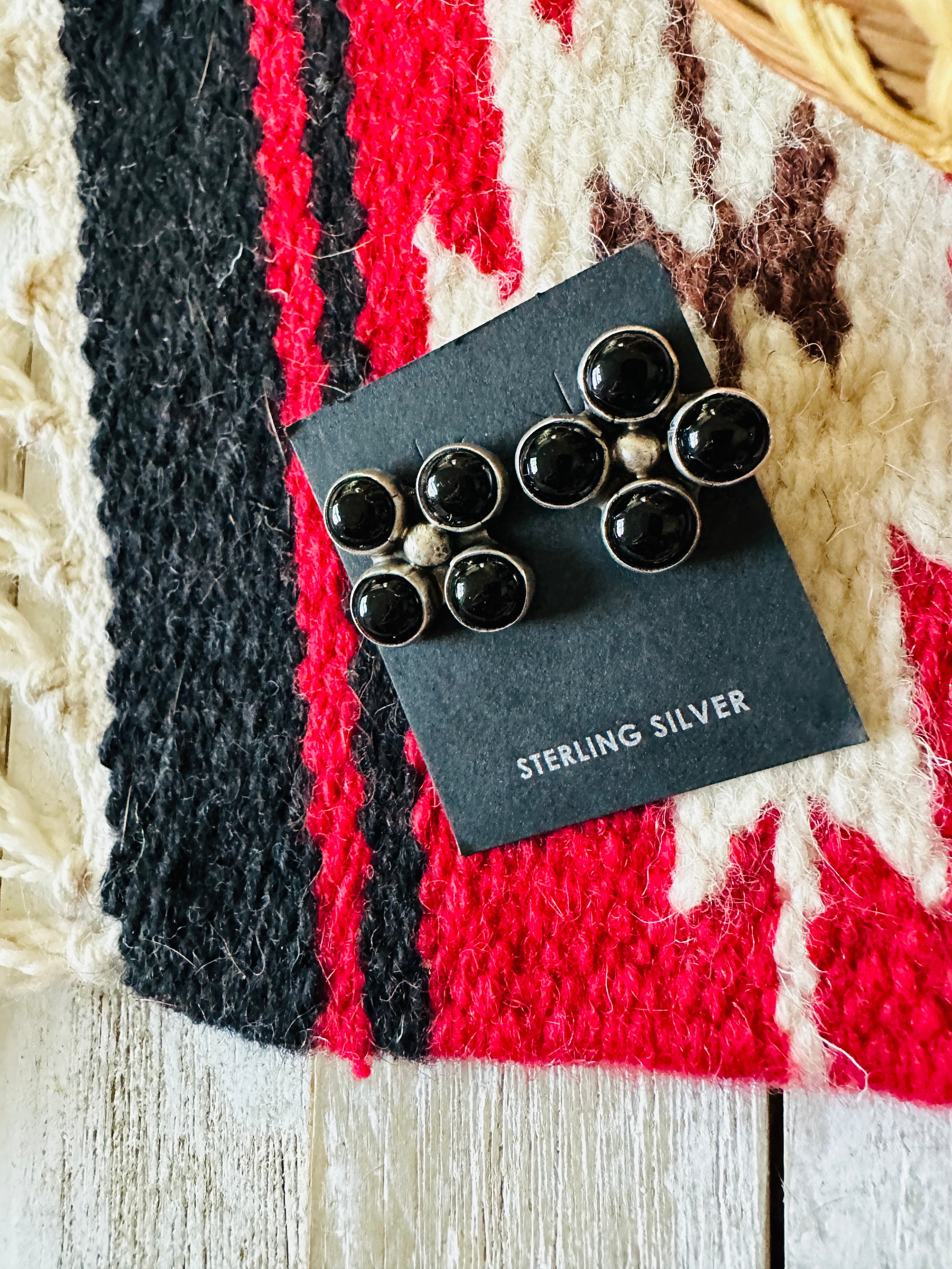 Navajo Sterling Silver & Black Onyx Cluster Post Earrings Signed