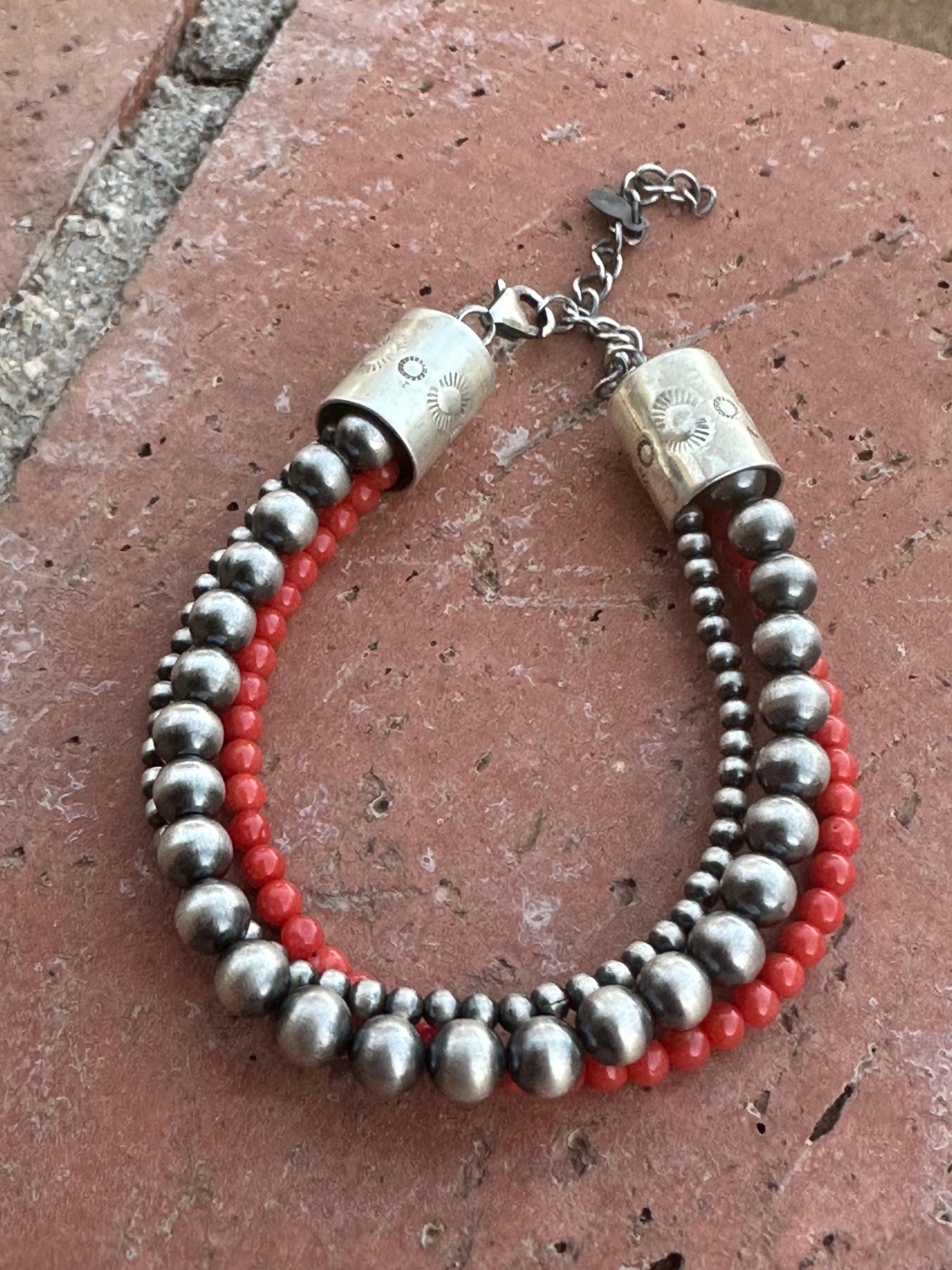 Handmade Sterling Silver and Coral Beaded Bracelet