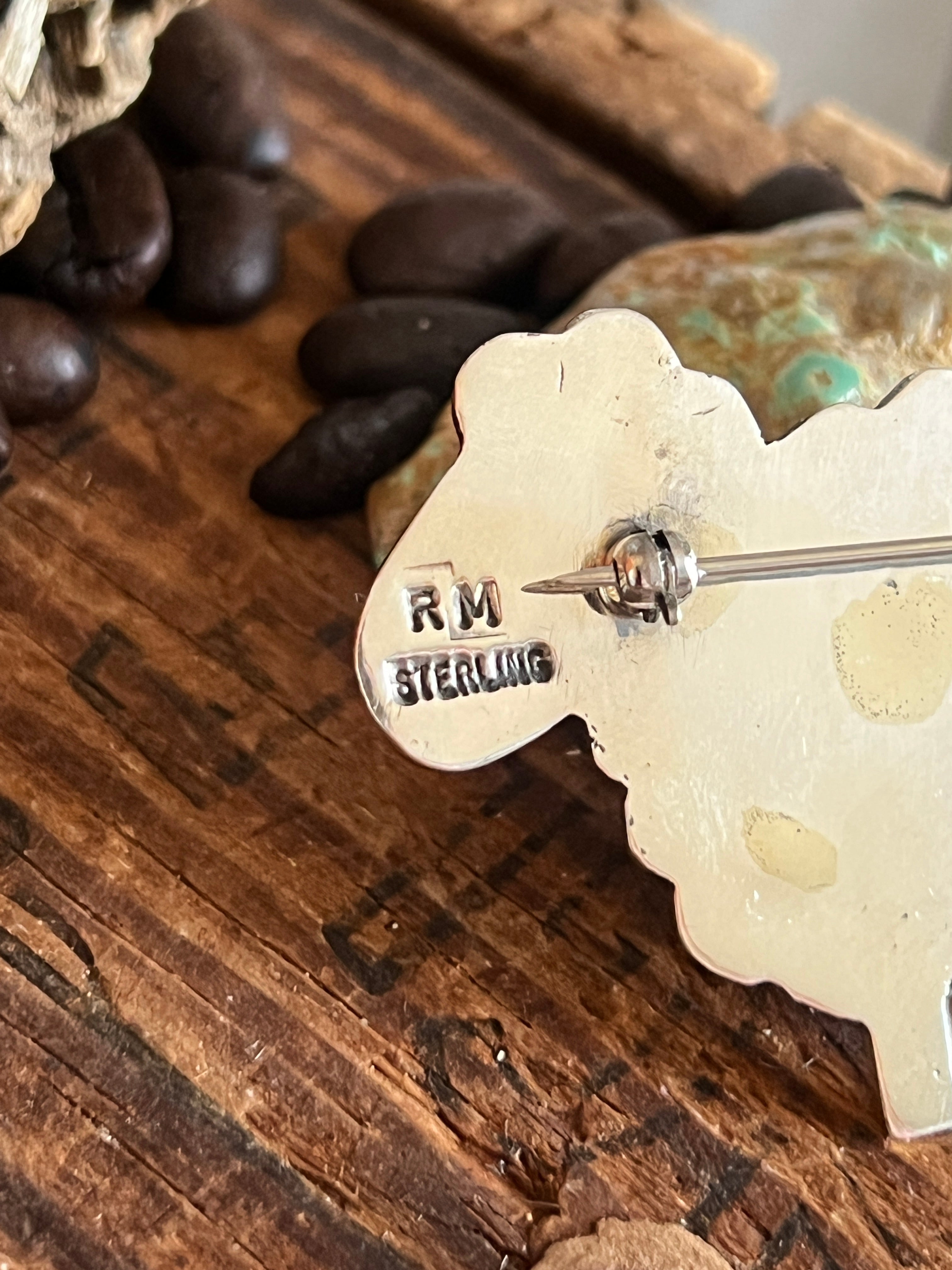 Hand Stamped Sterling Silver and Turquoise Sheep Brooch by Robby Manuelito
