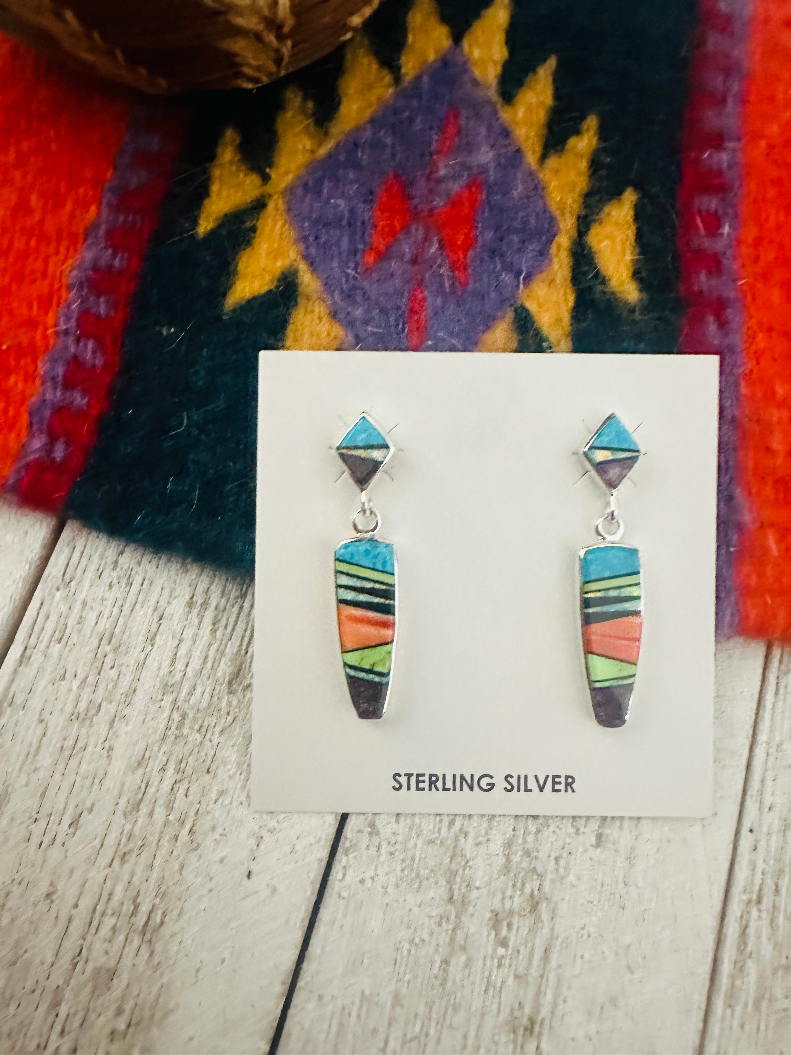 Navajo Multi Stone & Sterling Silver Inlay Dangle Earrings