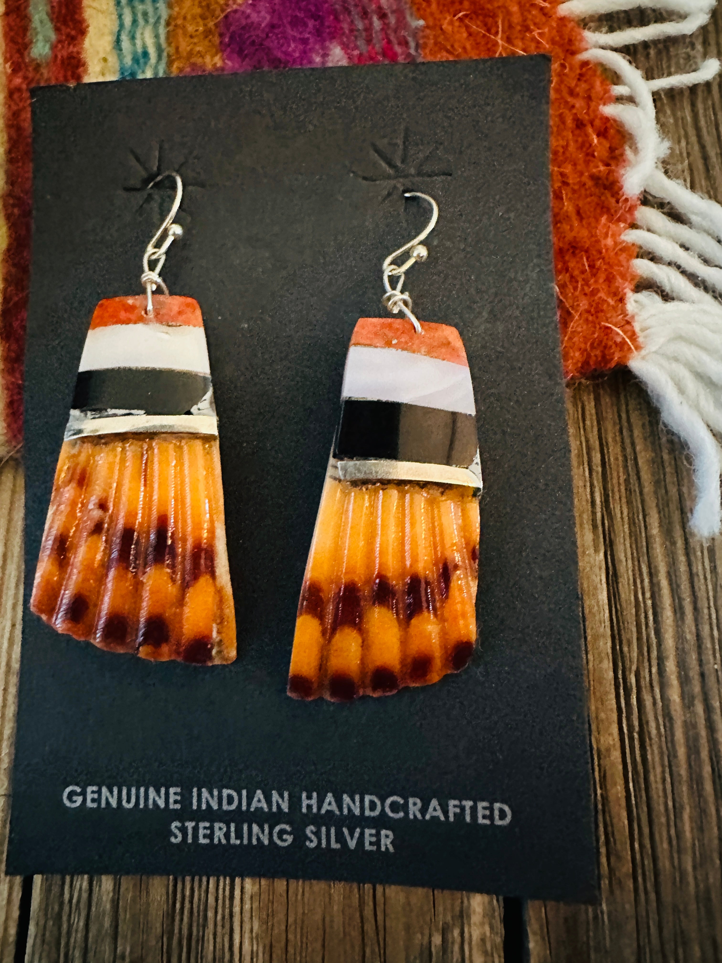 Handcrafted Multi Stone Inlay & Shell Dangle Earrings