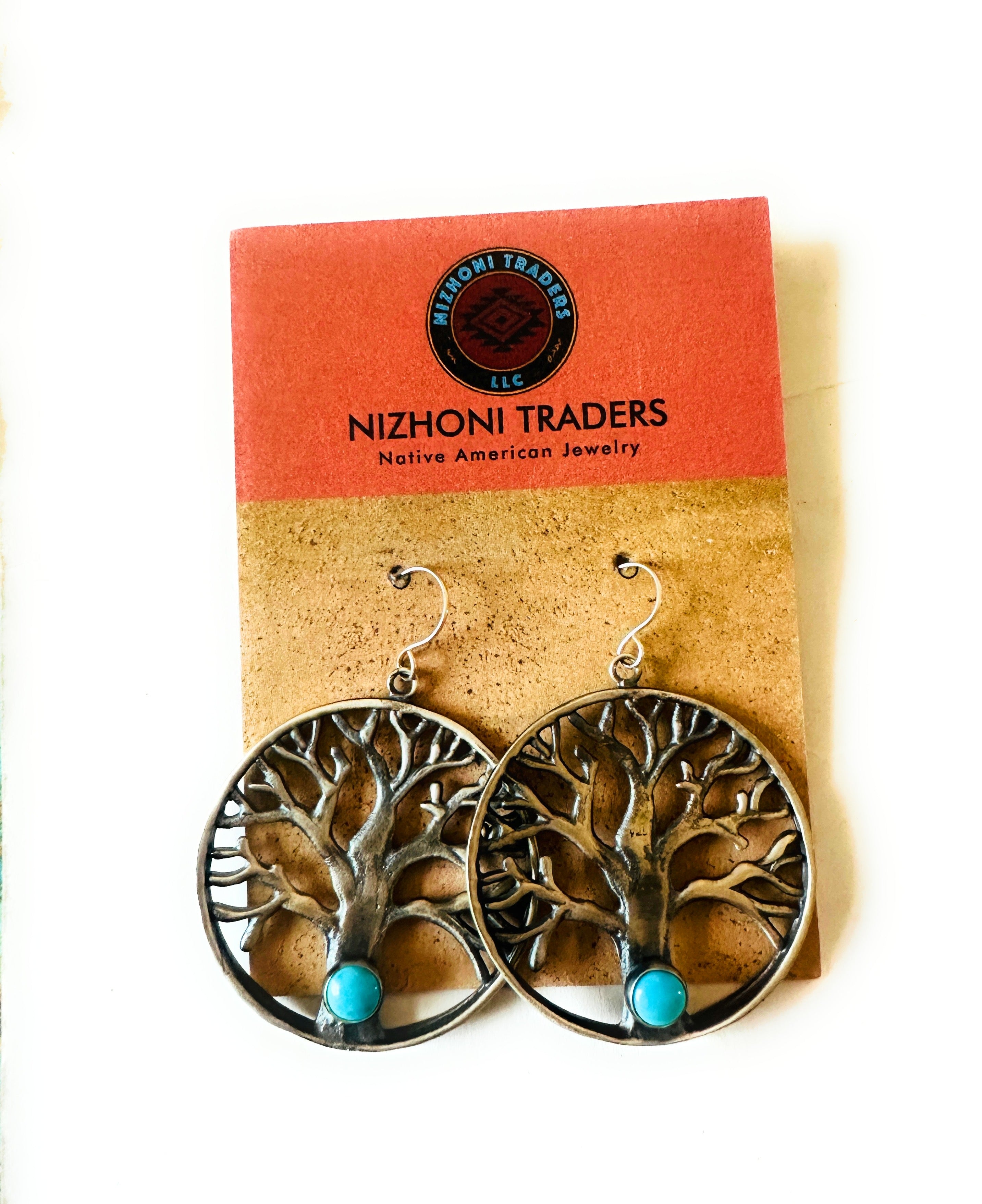 Navajo Sterling Silver & Turquoise Tree of Life Dangle Earrings