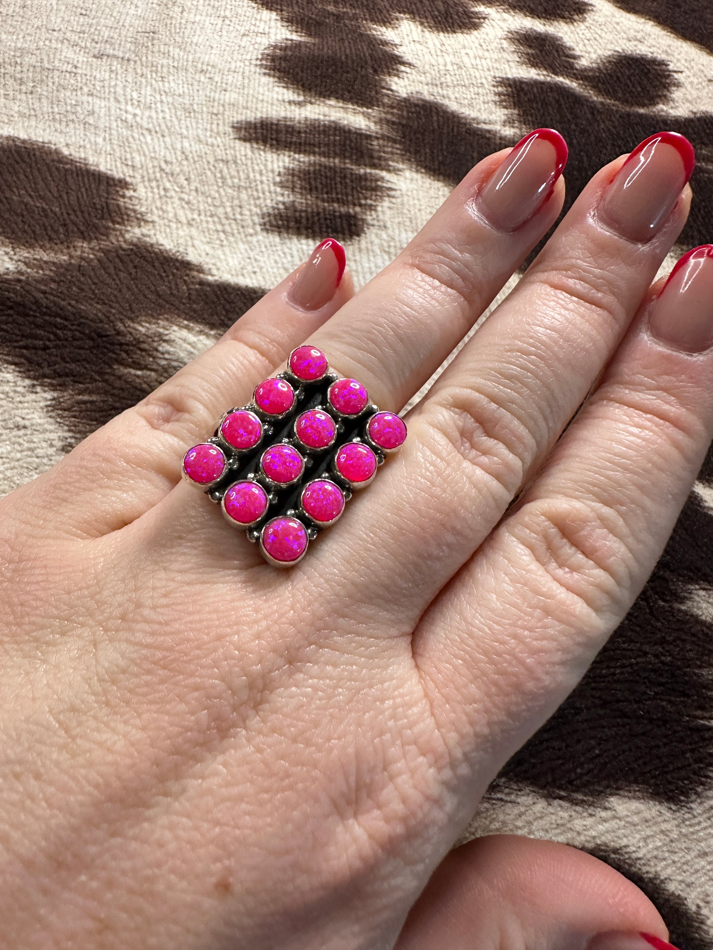 Handmade Adjustable Hot Pink Fire Opal Sterling Silver Rectangle Ring