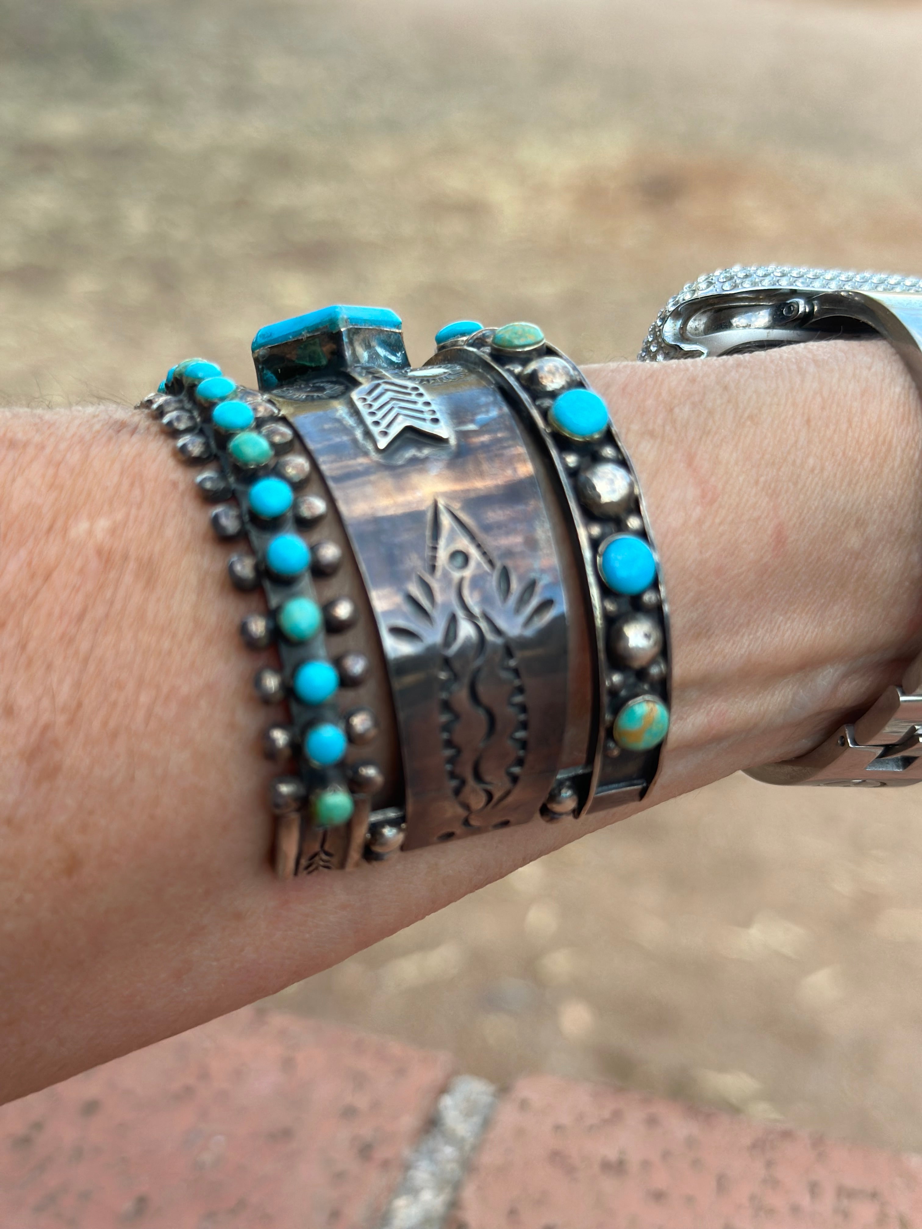 Handmade Sterling Silver Sleeping Beauty and Royston Turquoise Thunderbird Cuff