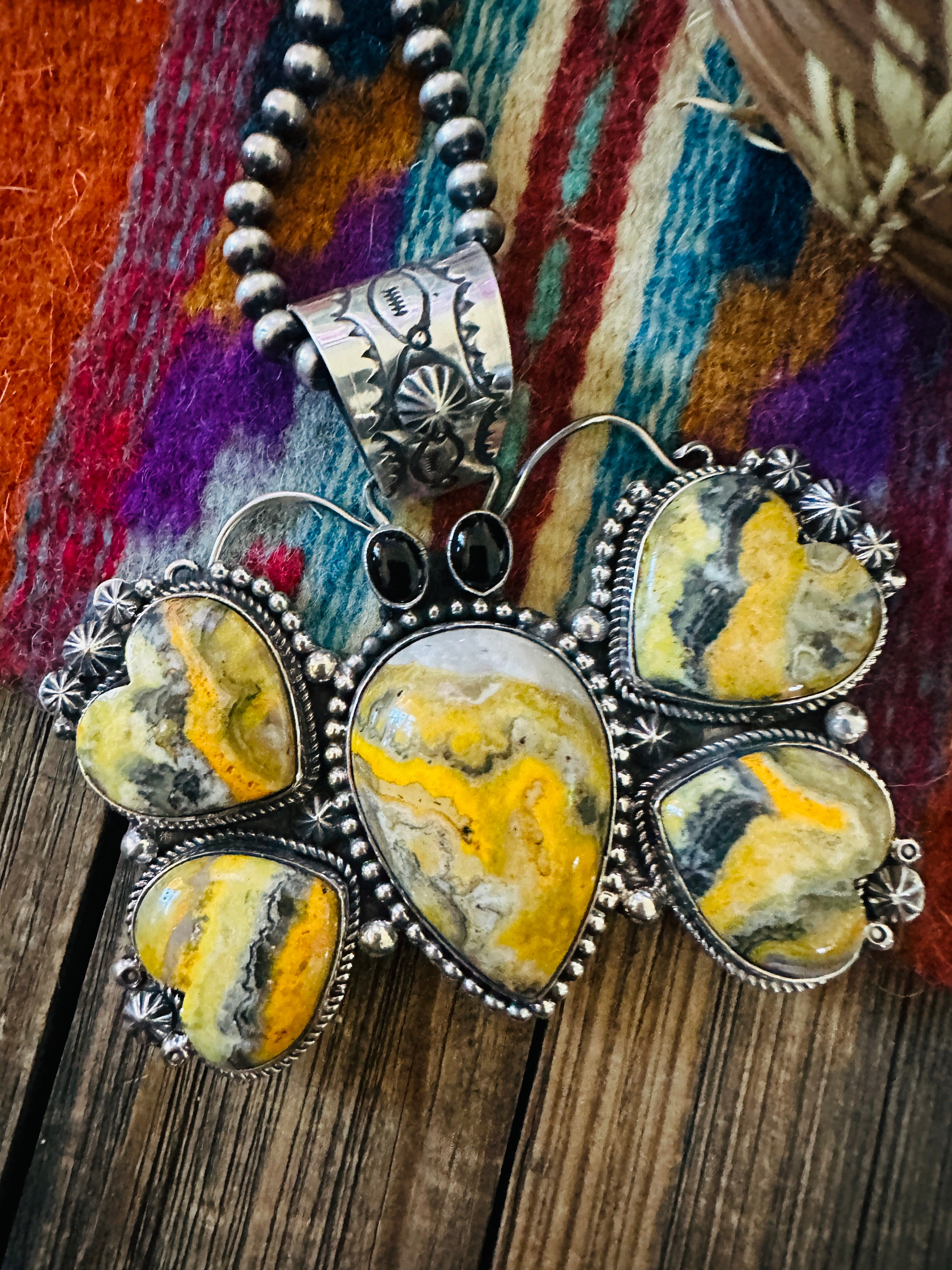 Handcrafted Sterling Silver, Bumblebee & Onyx Butterfly Pendant by Rosella Paxson