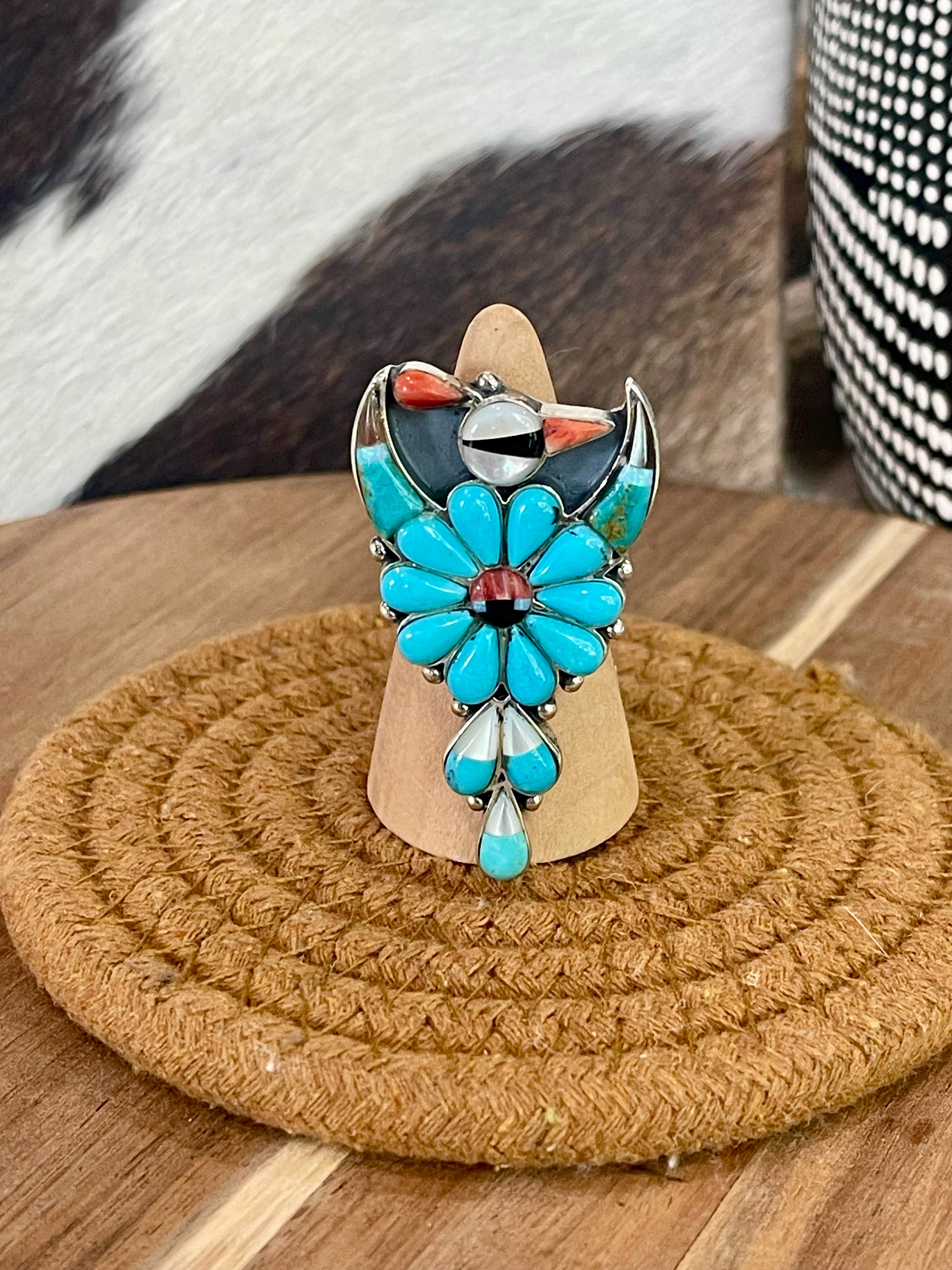 Beautiful Handmade Sterling Silver & Multi Stone Thunderbird Adjustable Ring