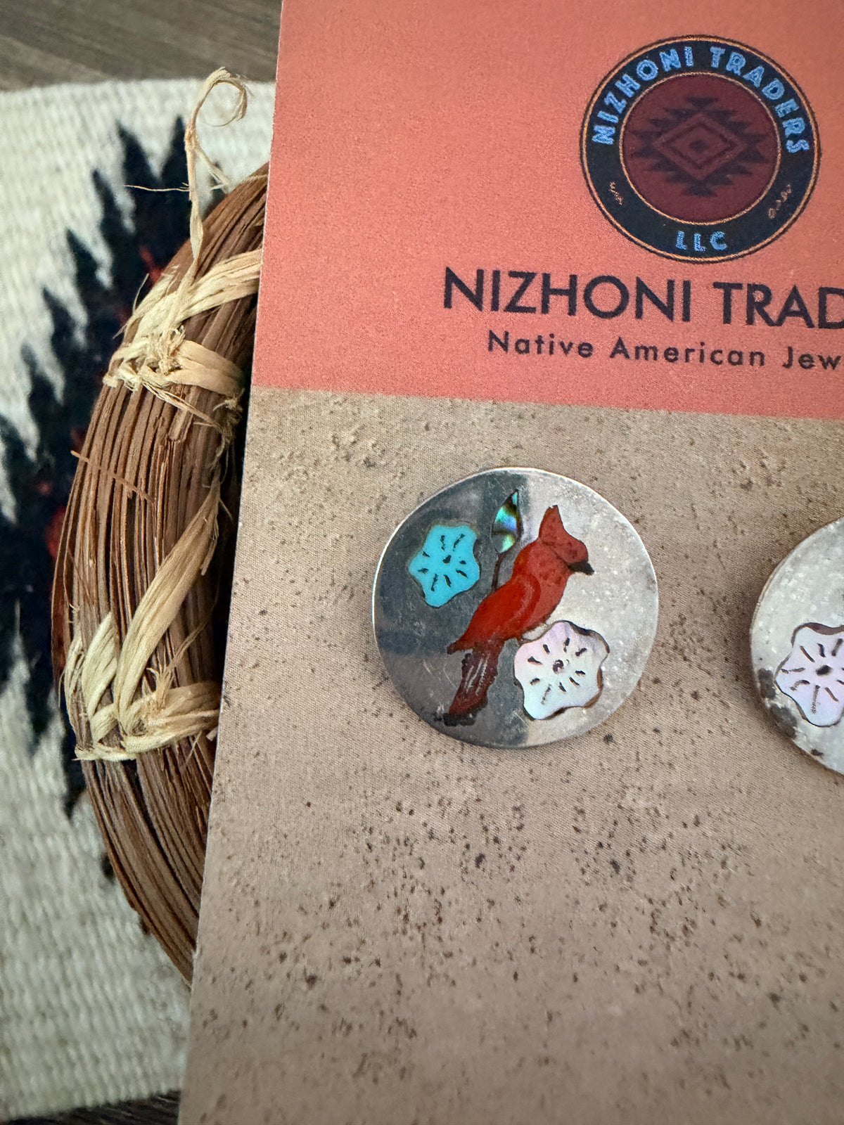 Old Pawn Handcrafted Sterling Silver & Multi Stone Inlay Cardinal Stud Earrings