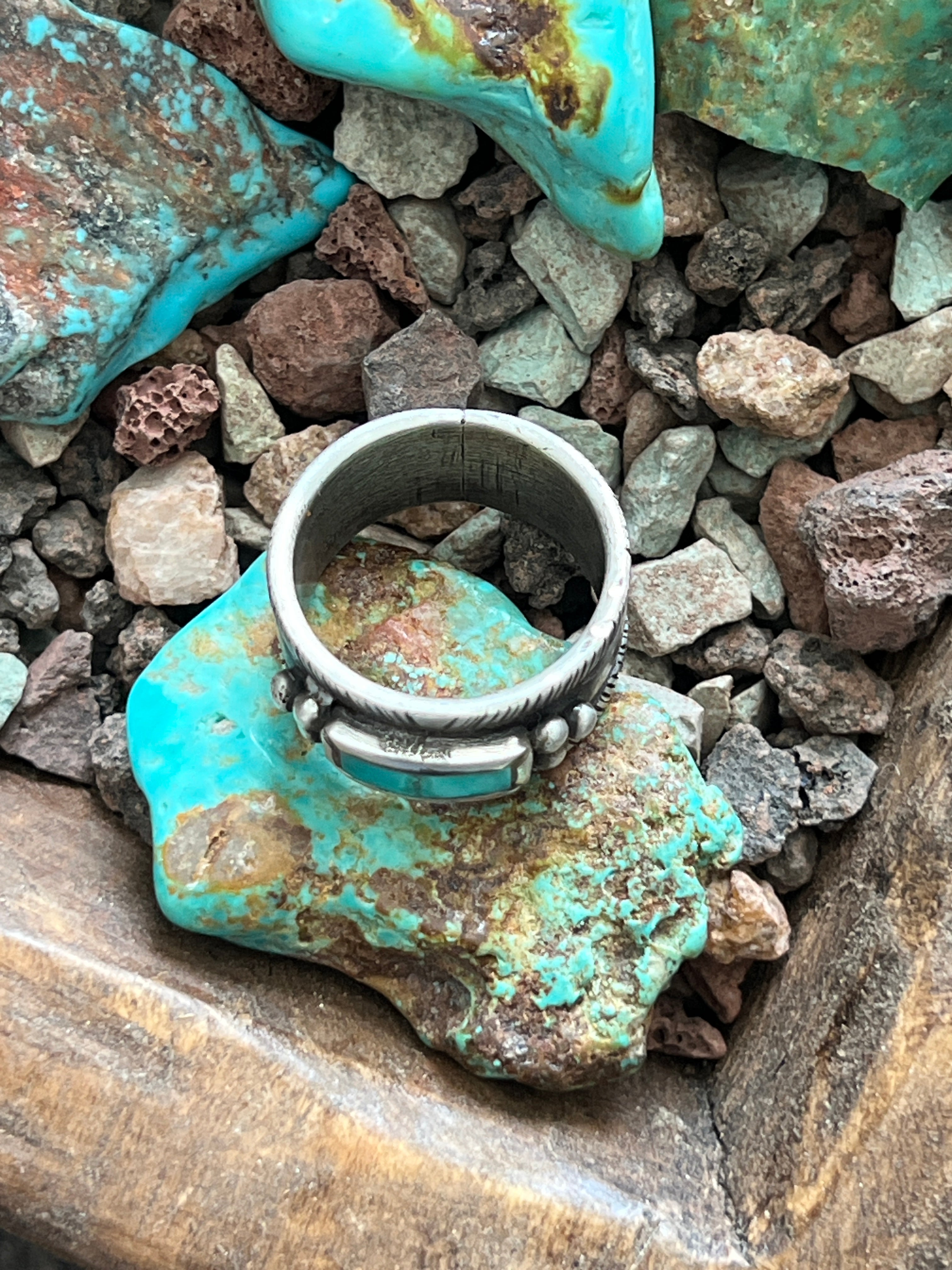 Falcon Trading Company Ingot Sterling Silver and Fox Turquoise Inlay Ring by Joe O’Neill, Size 10