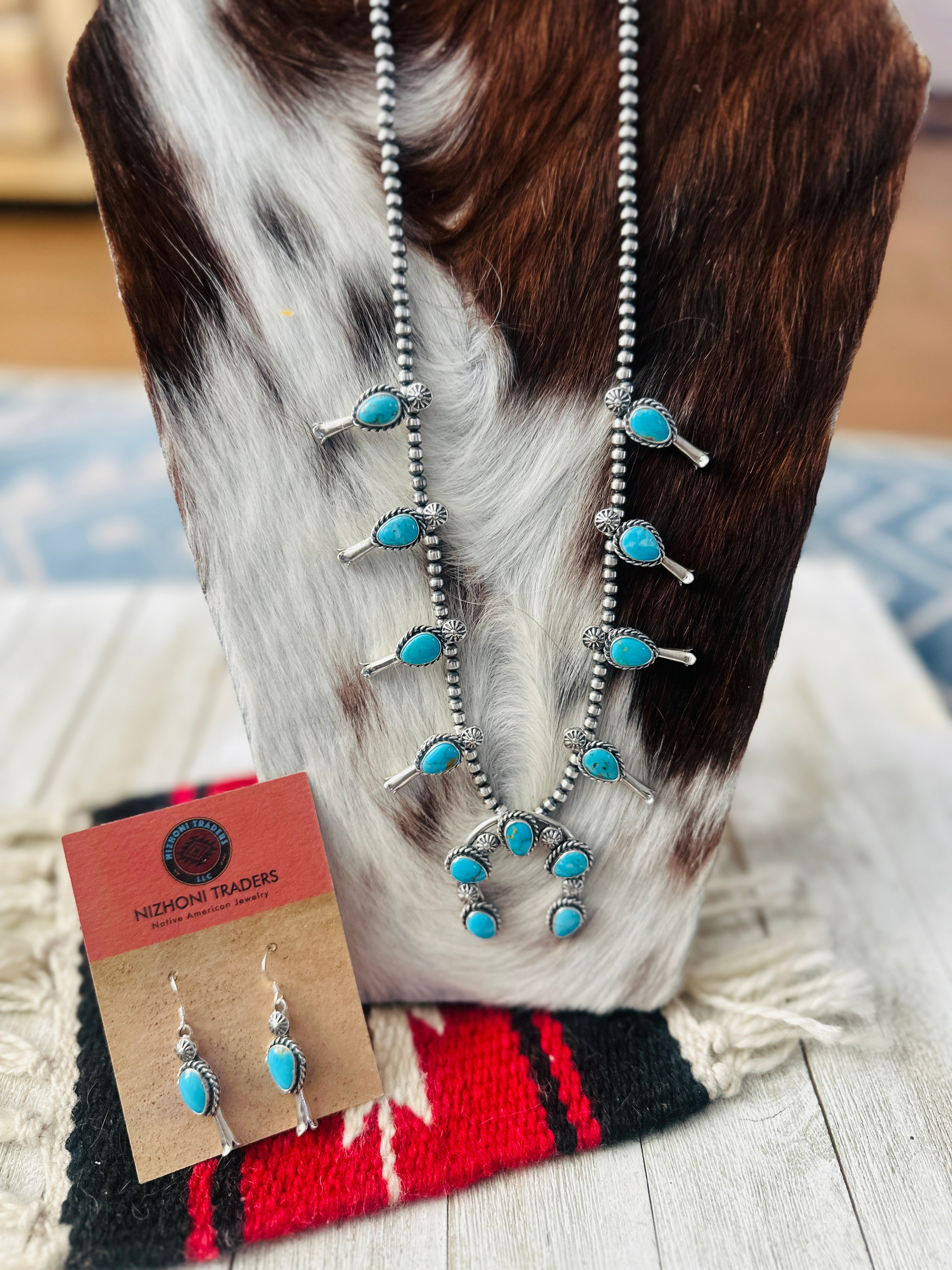 Handcrafted Turquoise & Sterling Silver Squash Blossom Necklace Set