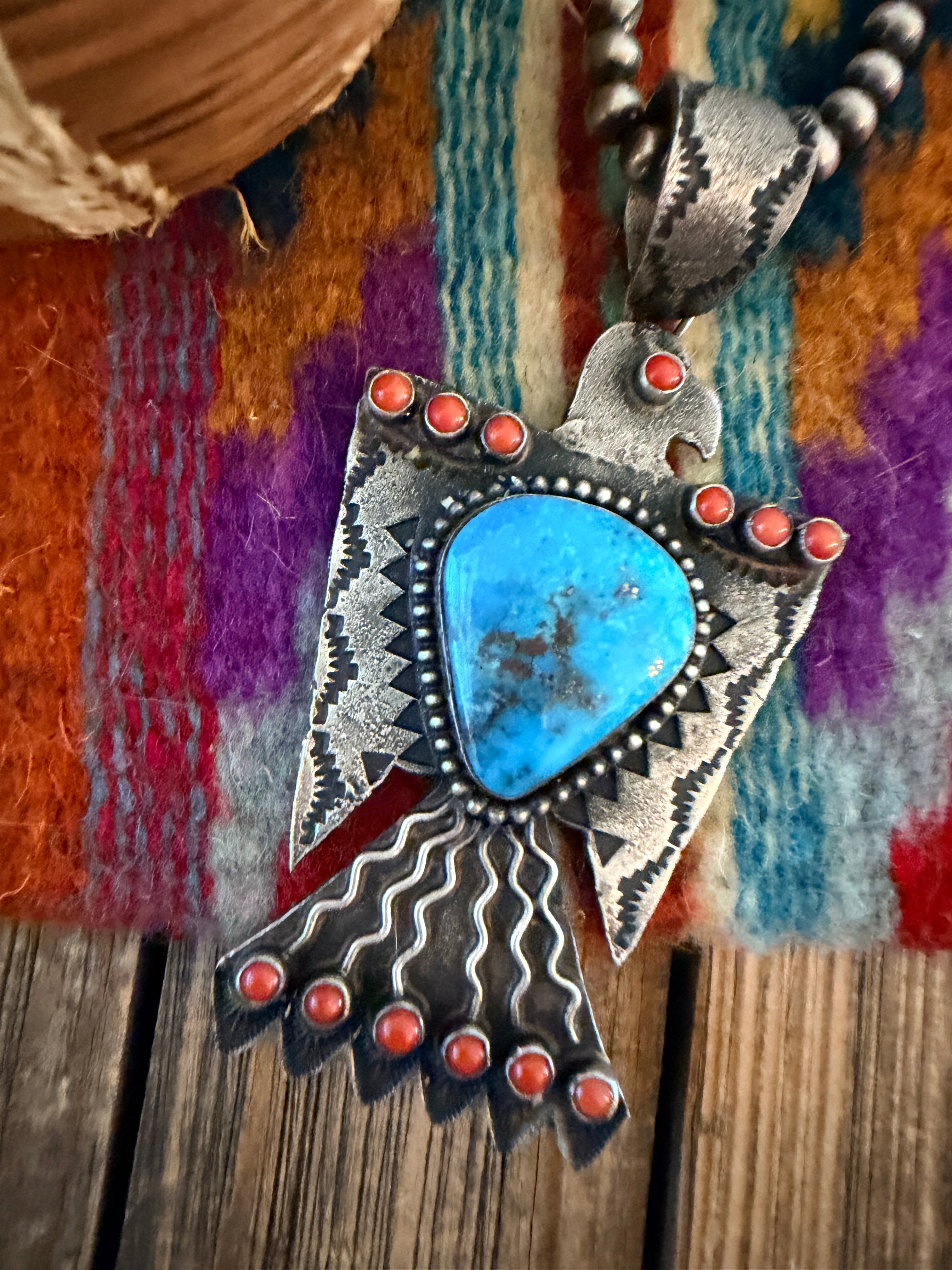 Handcrafted Sterling Silver, Turquoise & Coral Thunderbird Pendant by Shawn Cayatineto