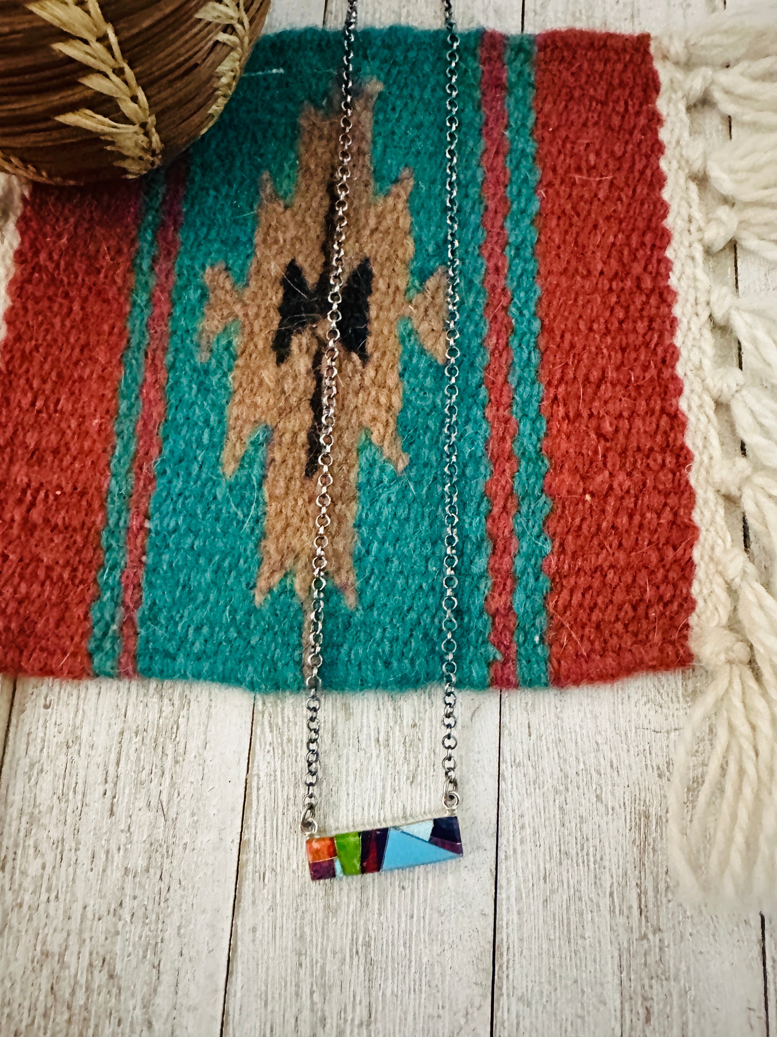 Navajo Multi Stone & Sterling Silver Inlay Bar Necklace