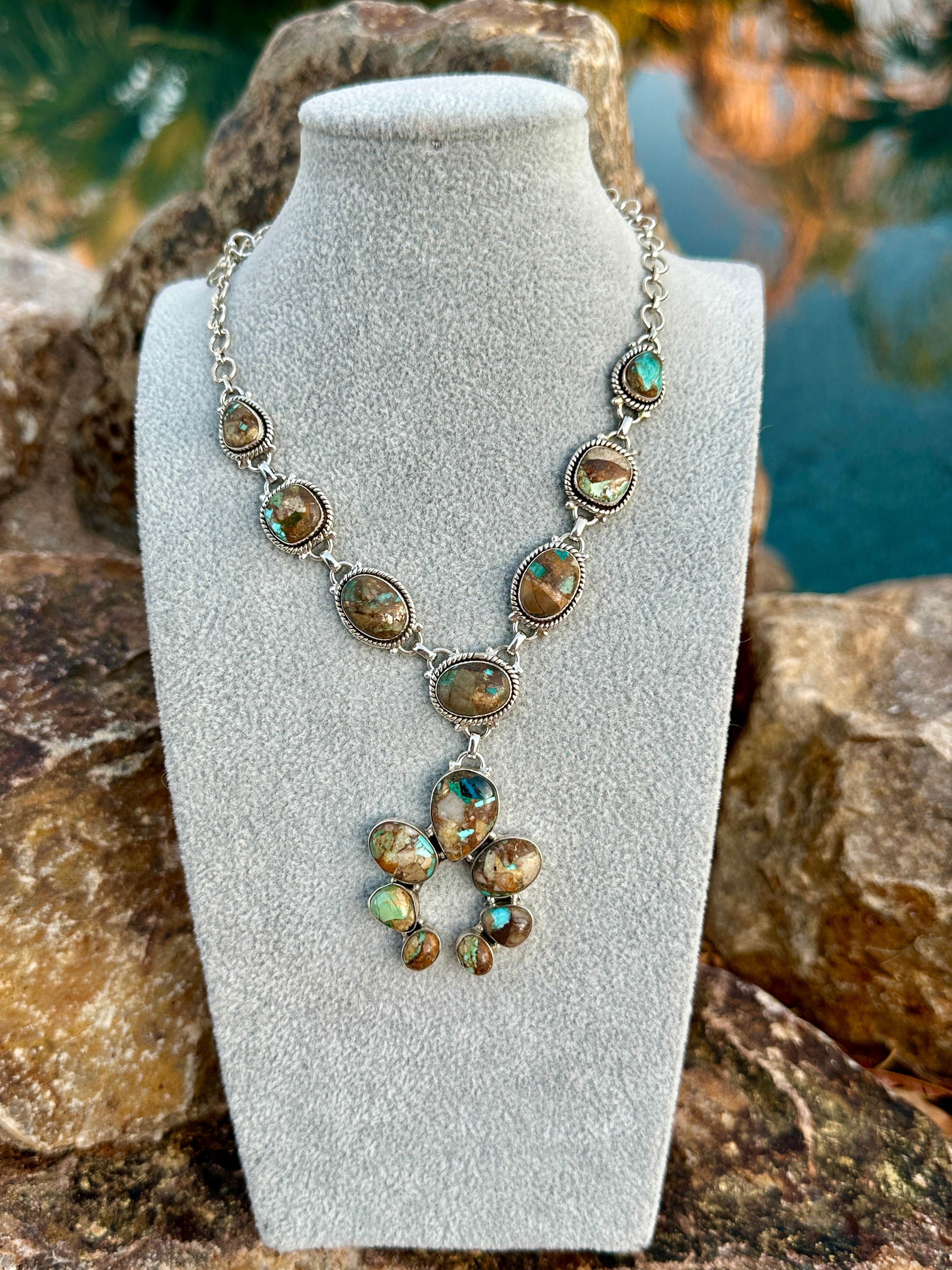 Handmade Royston Ribbon Turquoise Naja & Sterling Silver Lariat Necklace