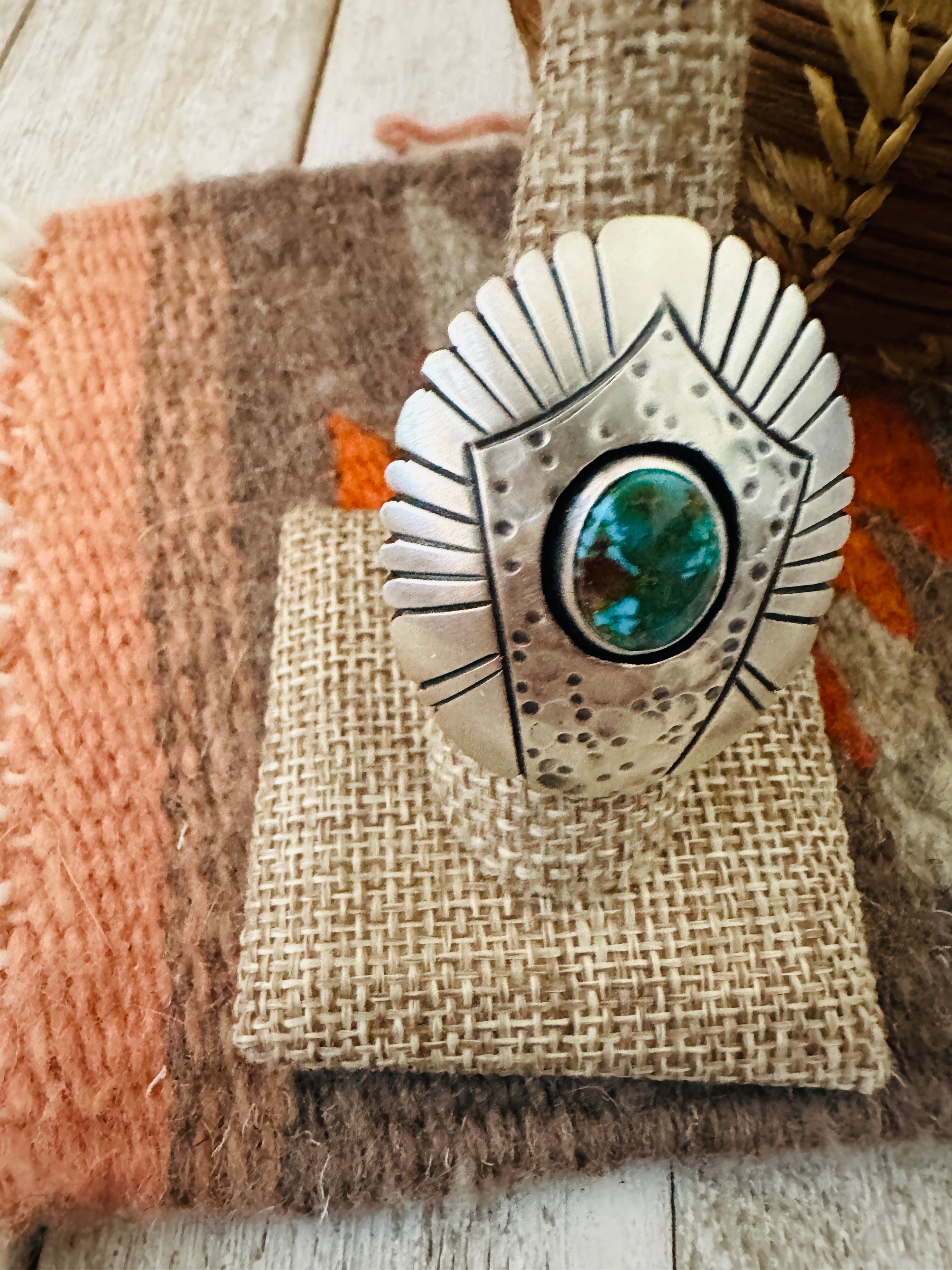 Handcrafted Hand Stamped Sterling Silver & Sonoran Mountain Turquoise Ring Size 8