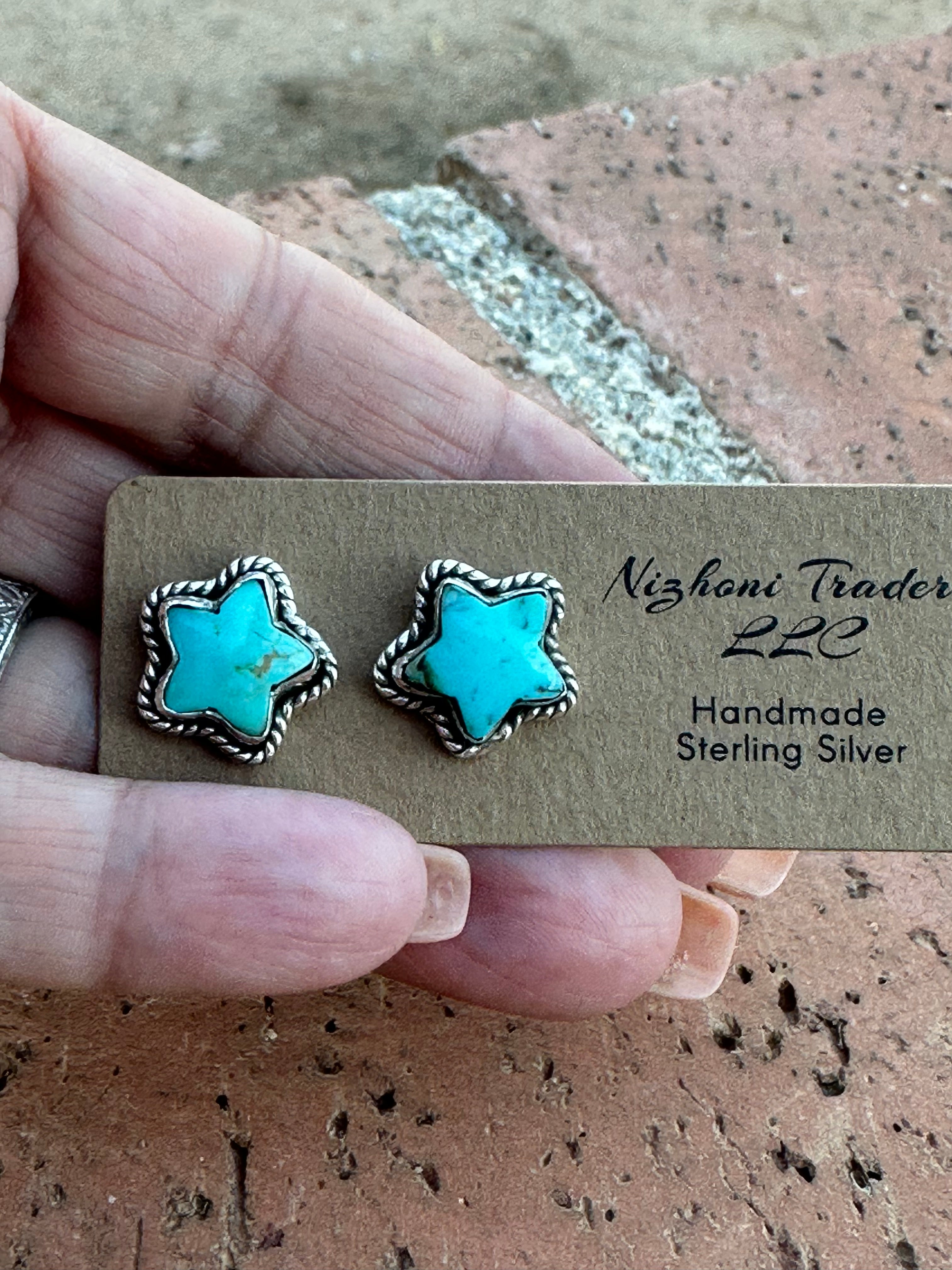 Sizzling Handmade Star Sterling Silver & Turquoise Post Earrings