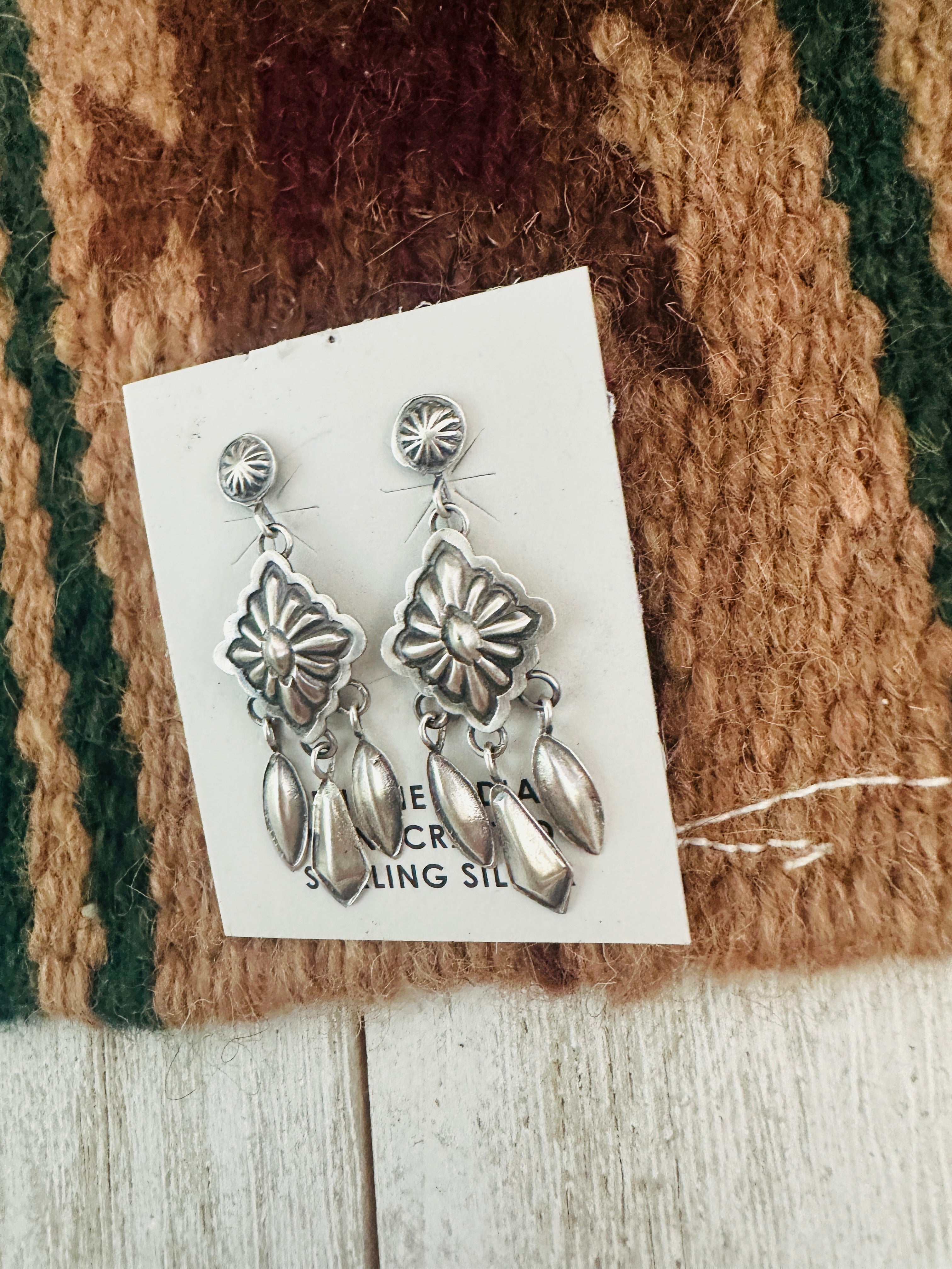 Navajo Hand Stamped Sterling Silver Concho Tassel Dangle Earrings