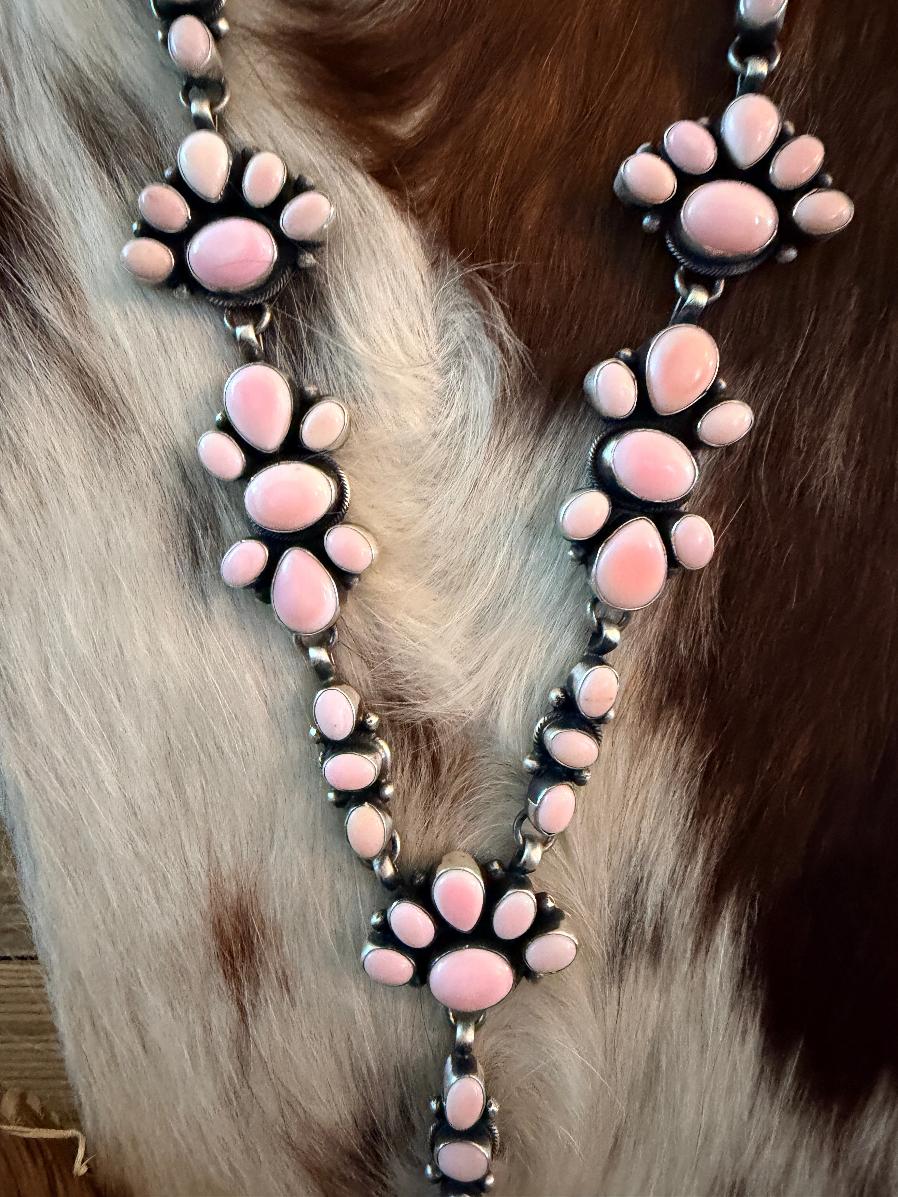 Handcrafted Queen Pink Conch & Sterling Silver Cluster Necklace and Earring Set by Travis Jim