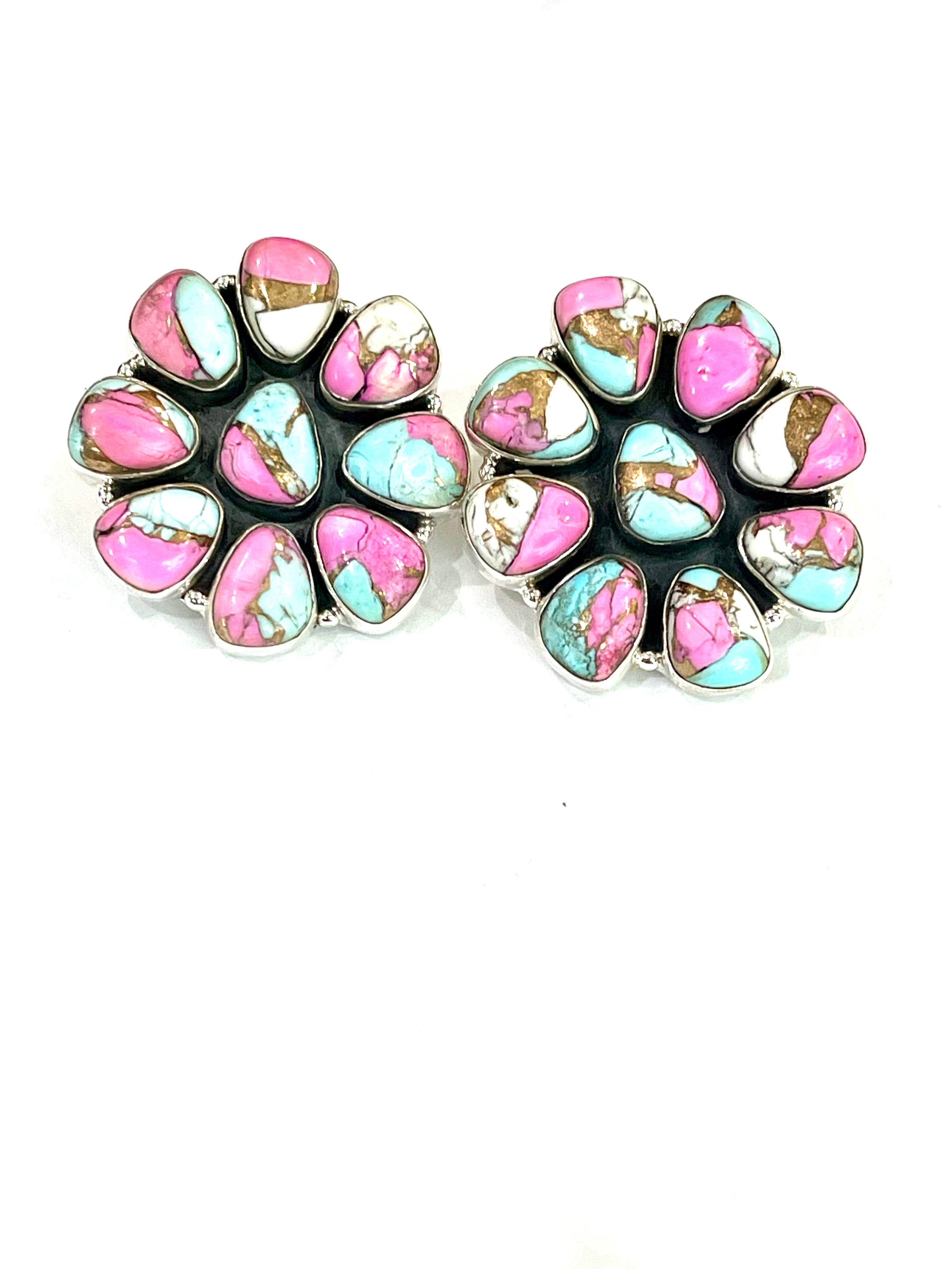 Handmade Sterling Silver Cotton Candy Turquoise Post Earrings with Signed Nizhoni