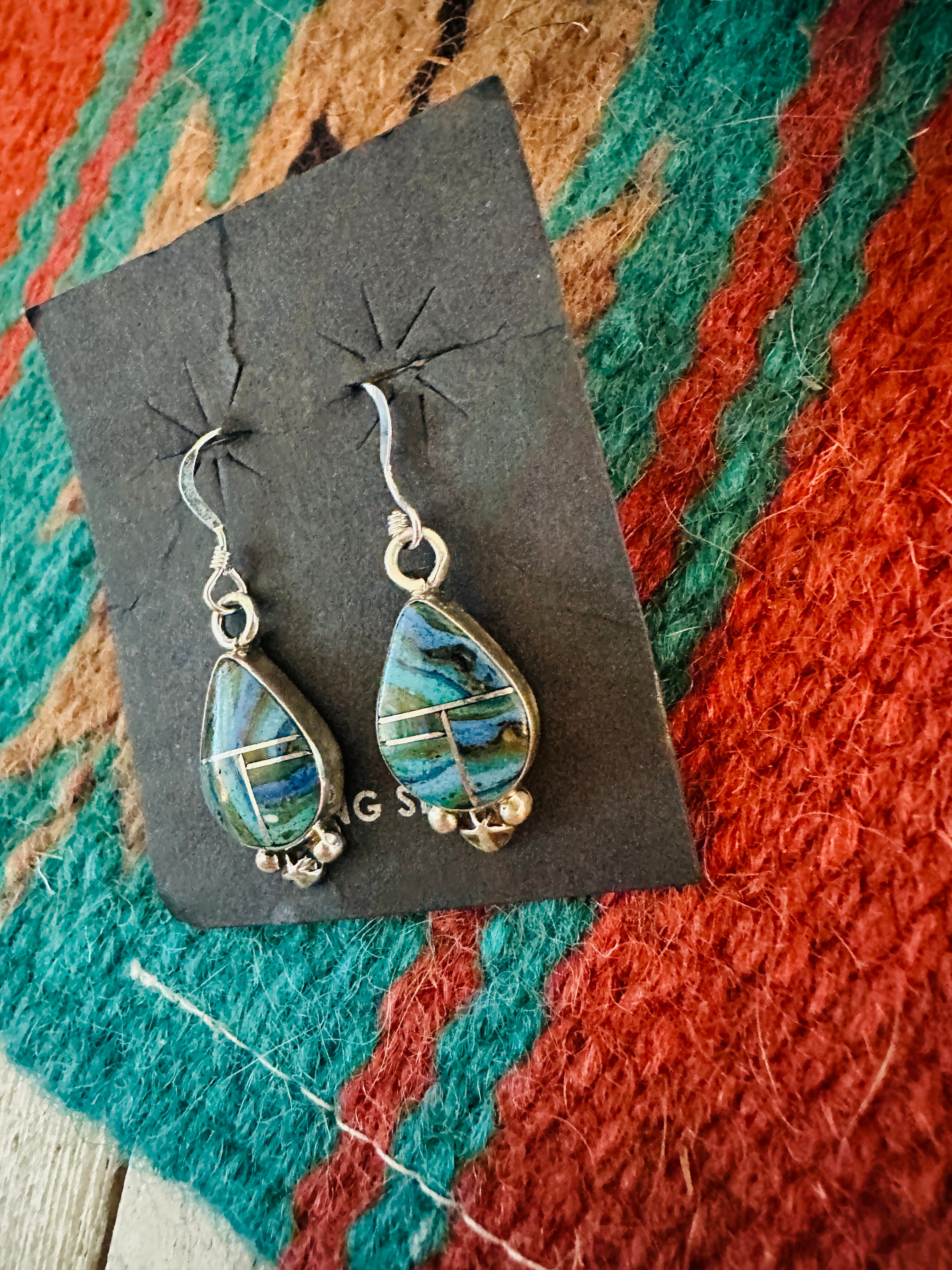 Navajo Rainbow Calsilica & Sterling Silver Inlay Dangle Earrings