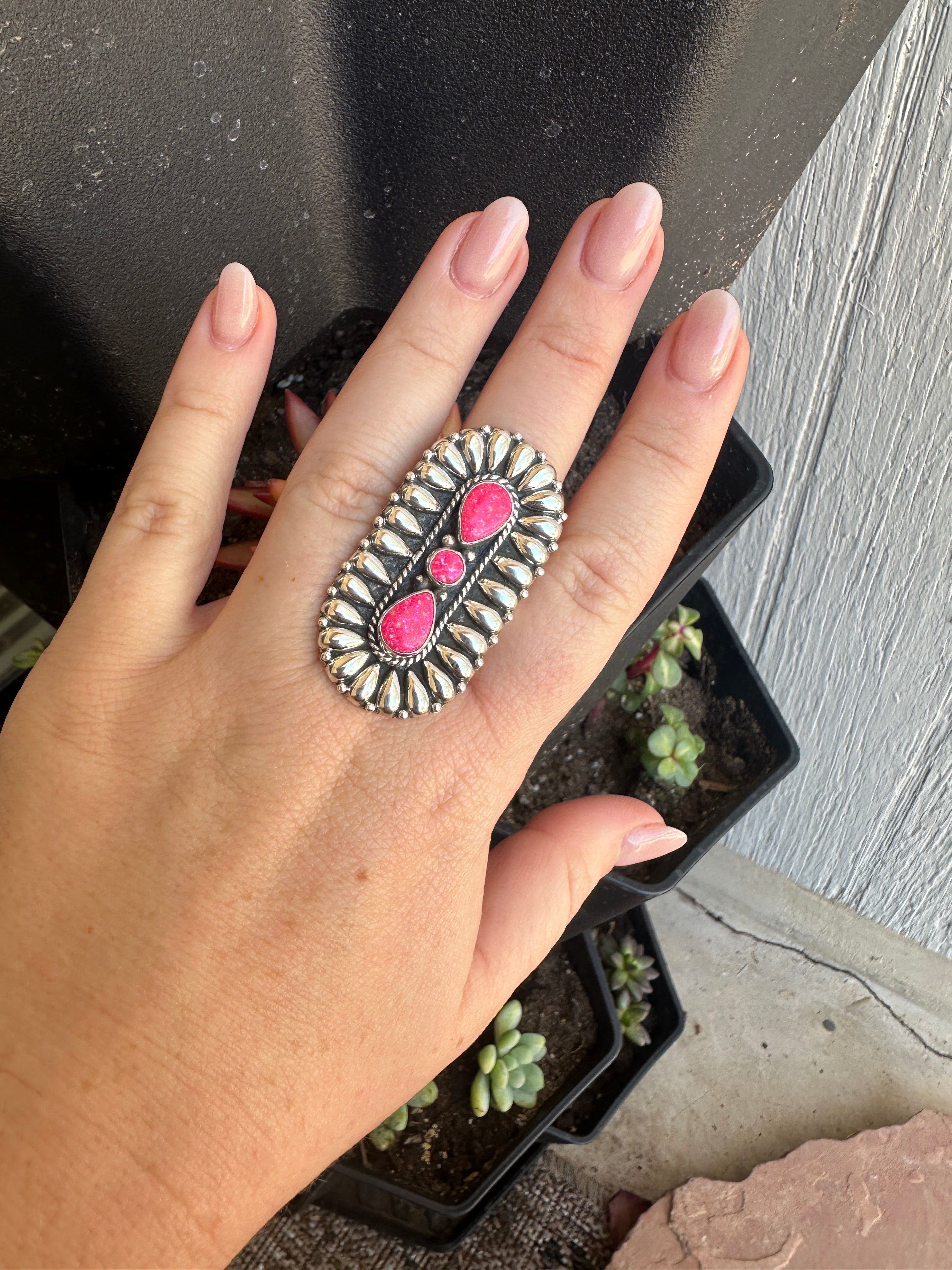 Handmade Adjustable Hot Pink Fire Opal Sterling Silver Ring