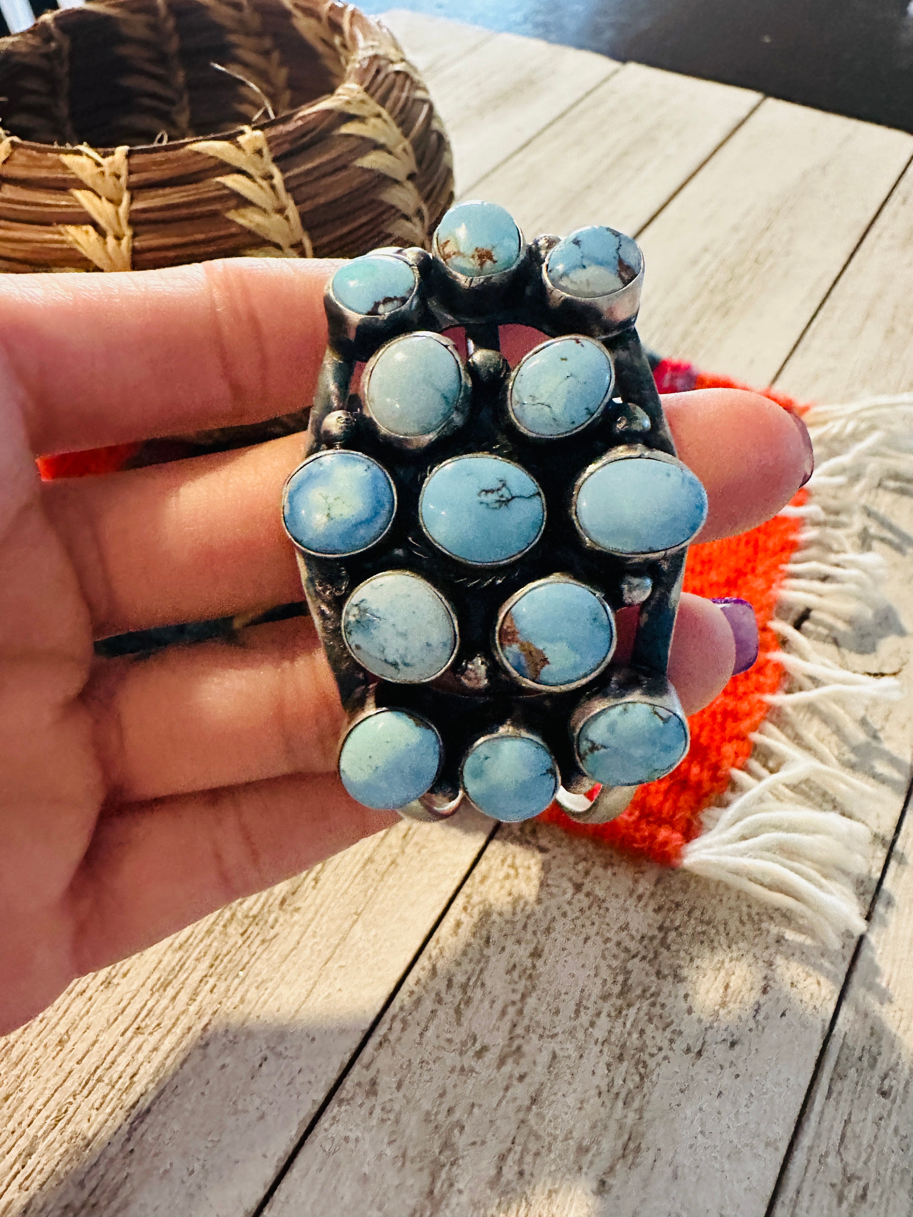 Navajo Golden Hills Turquoise & Sterling Silver Cluster Cuff Bracelet