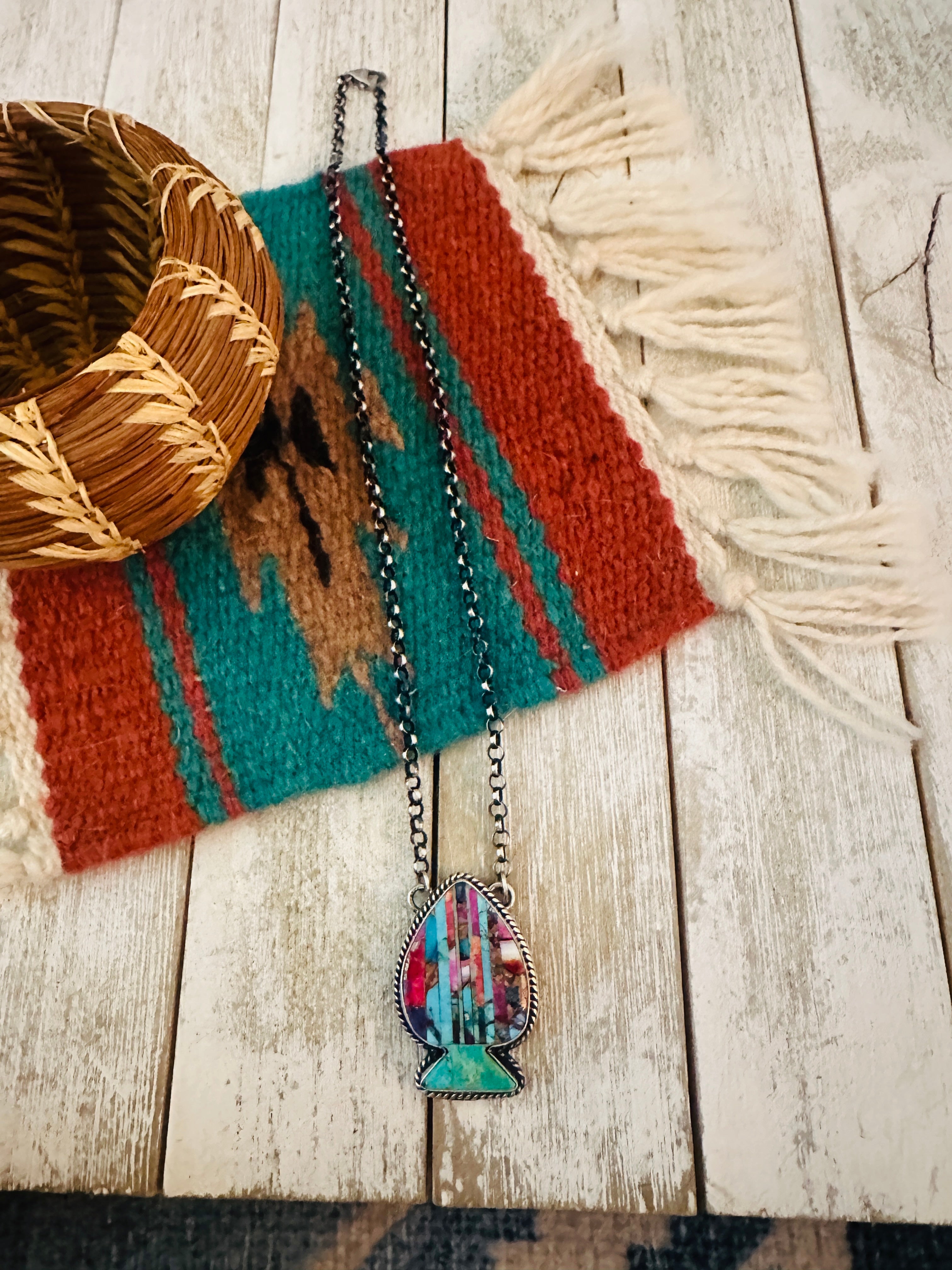 Navajo Sterling Silver & Multi Stone Inlay Spade Necklace