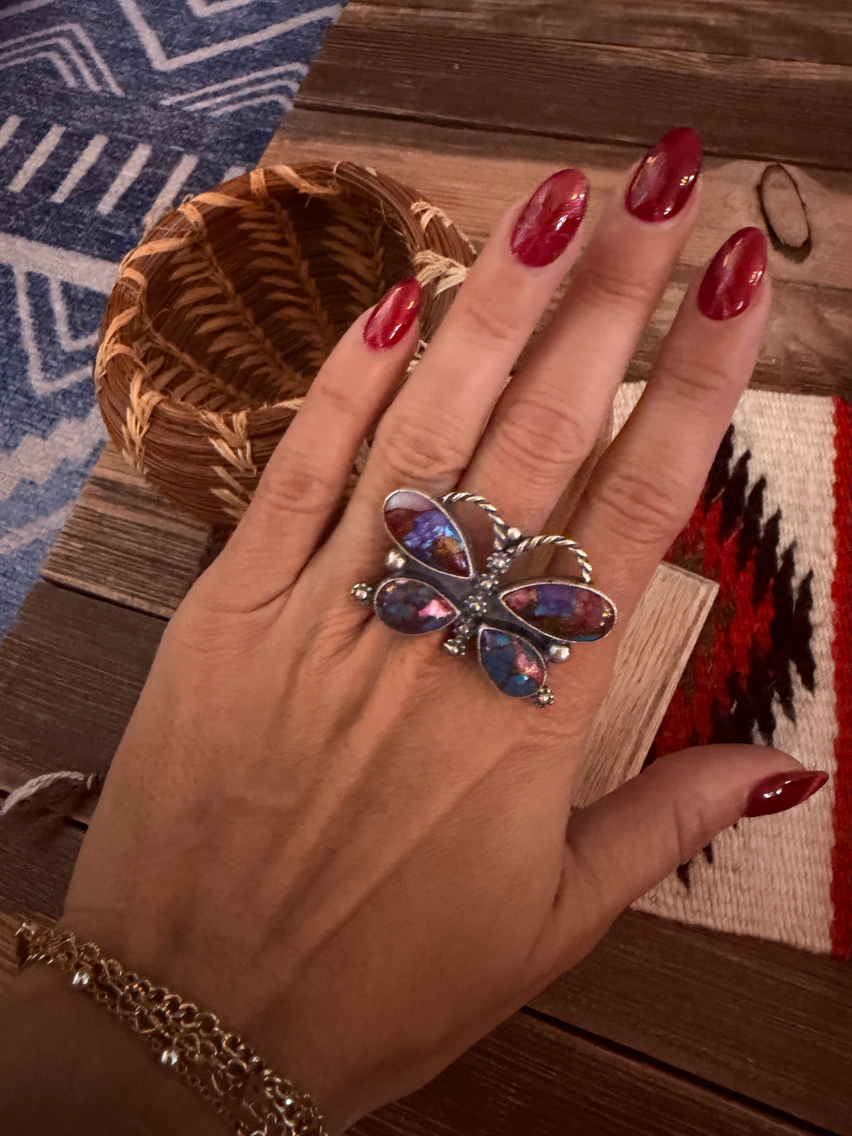 Handcrafted Pink Dream Mojave & Sterling Silver Adjustable Butterfly Ring