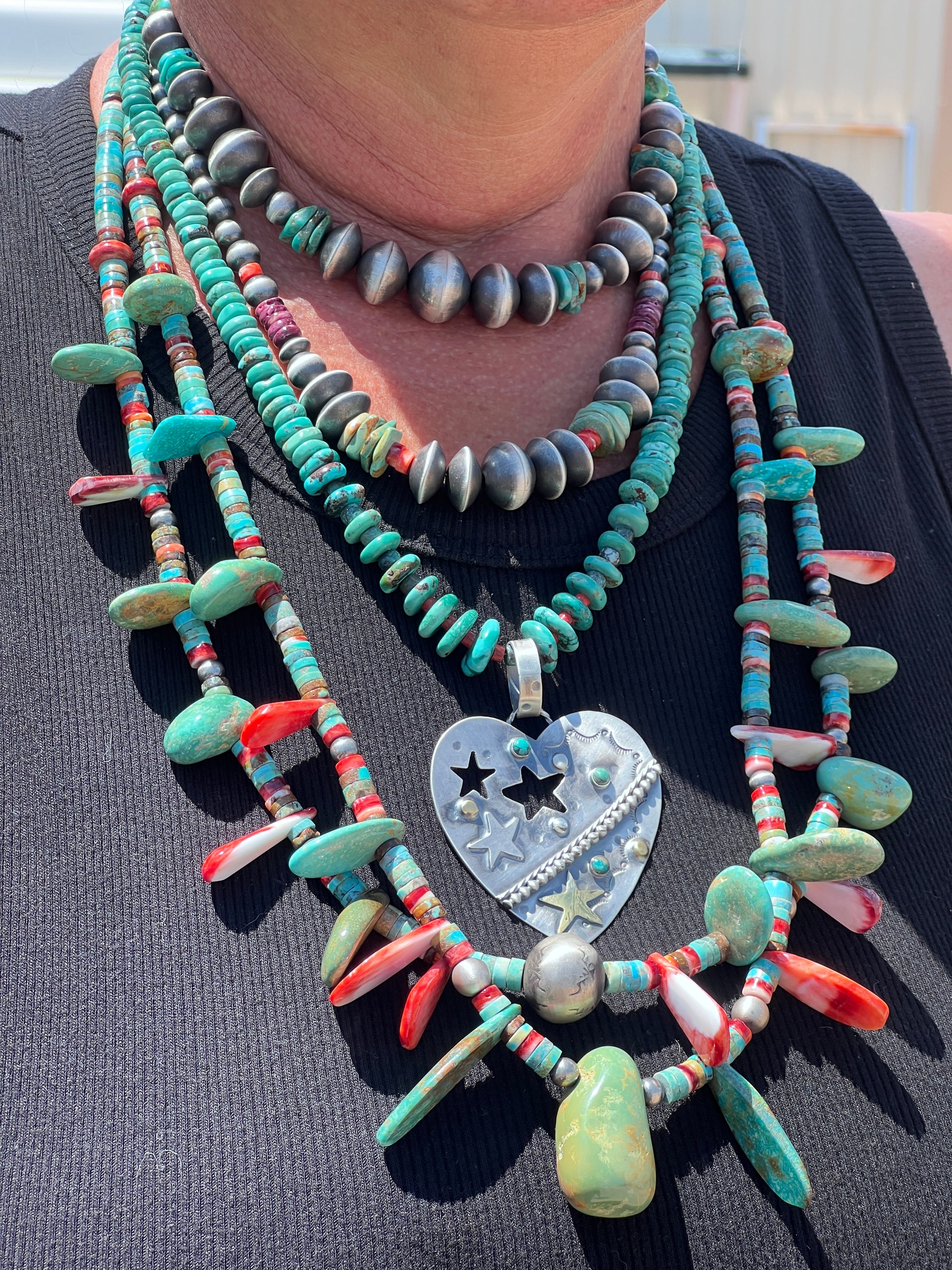 Hand Stamped Sterling Silver & Turquoise Heart Pendants w/ Brass Accents by Kimari Somers
