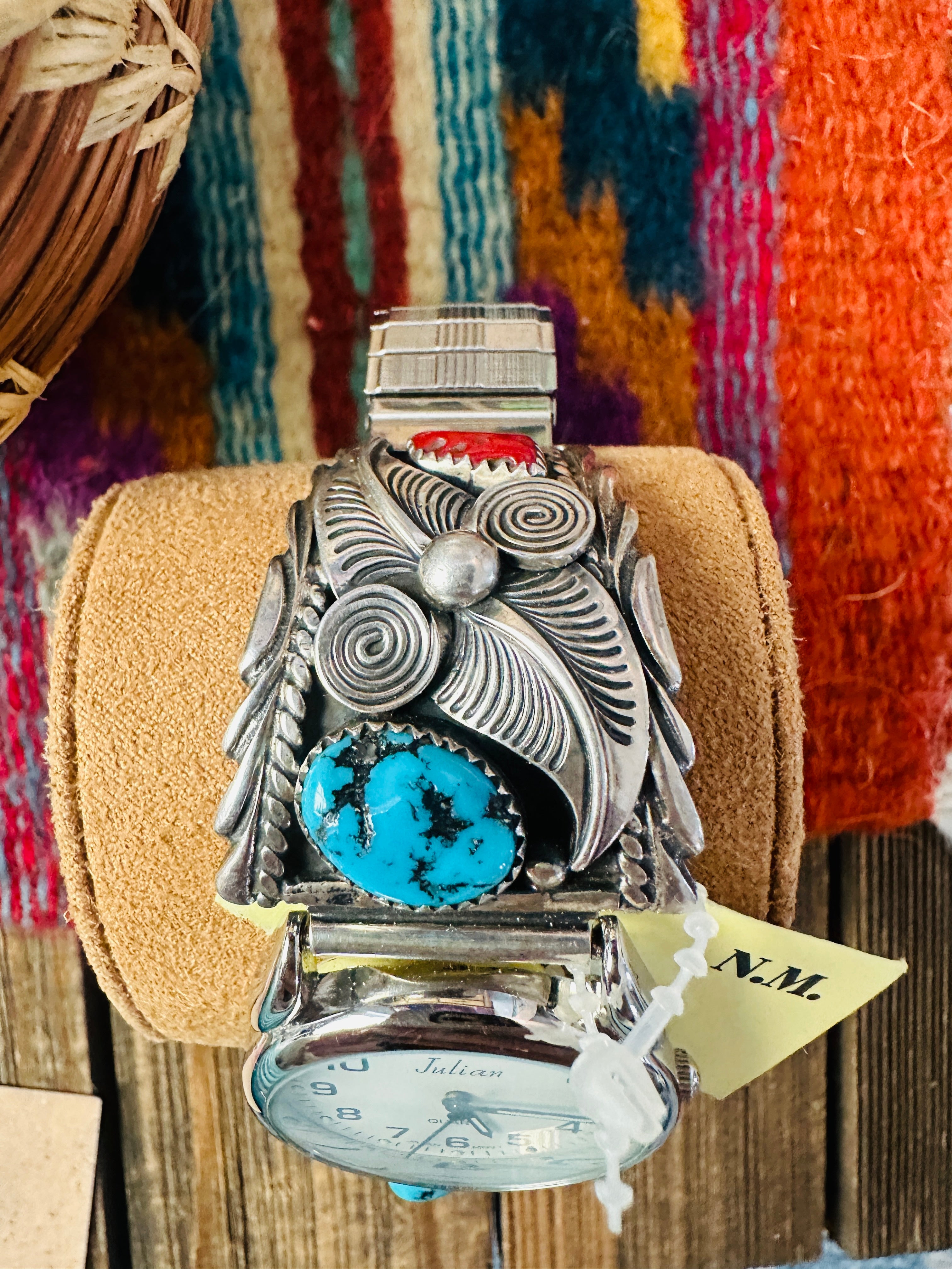 Handcrafted Old Pawn Turquoise, Coral & Sterling Silver Watch