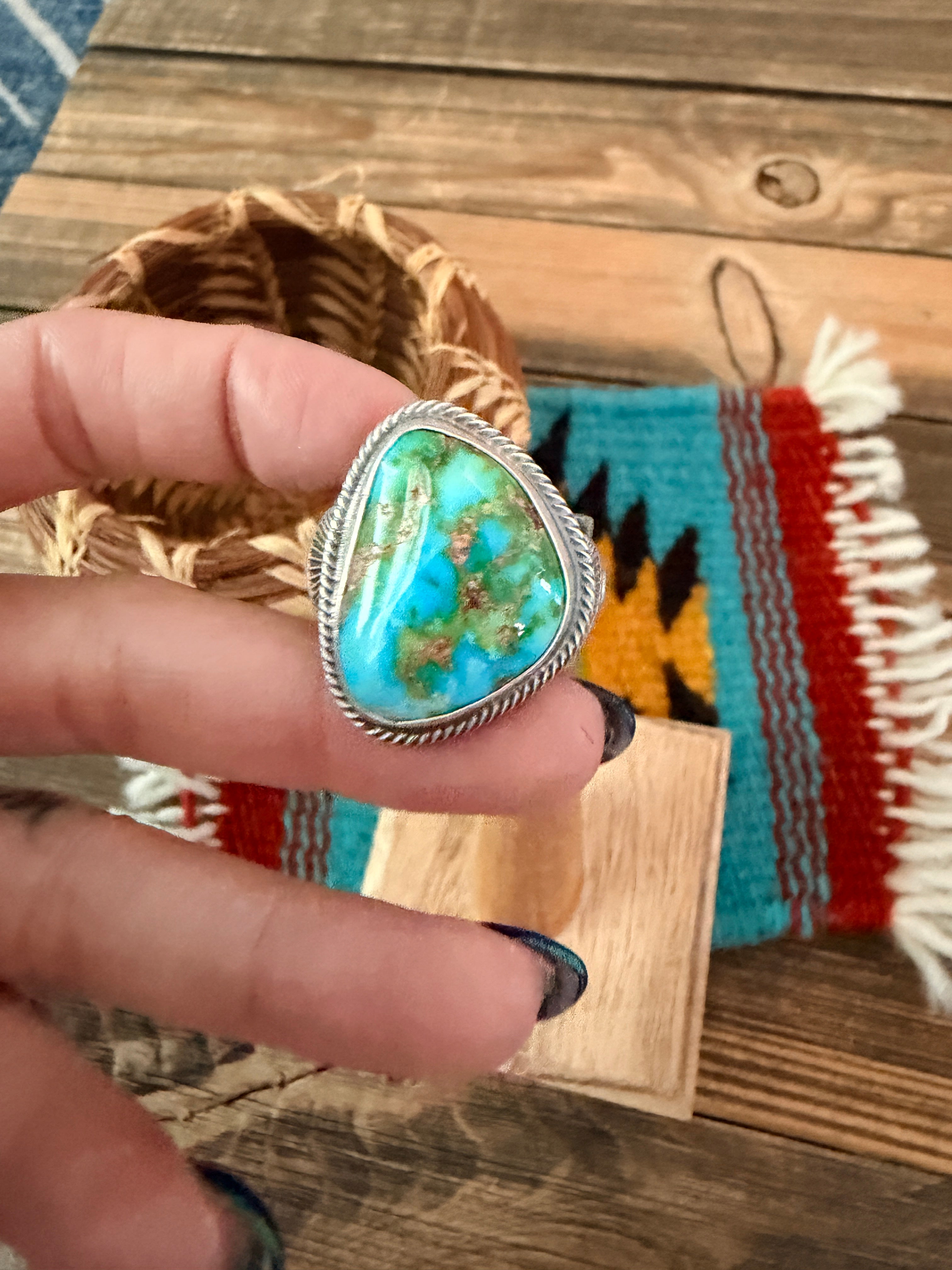 Handcrafted Sonoran Mountain Turquoise & Sterling Silver Ring Size 11.5 by Sheila Tso