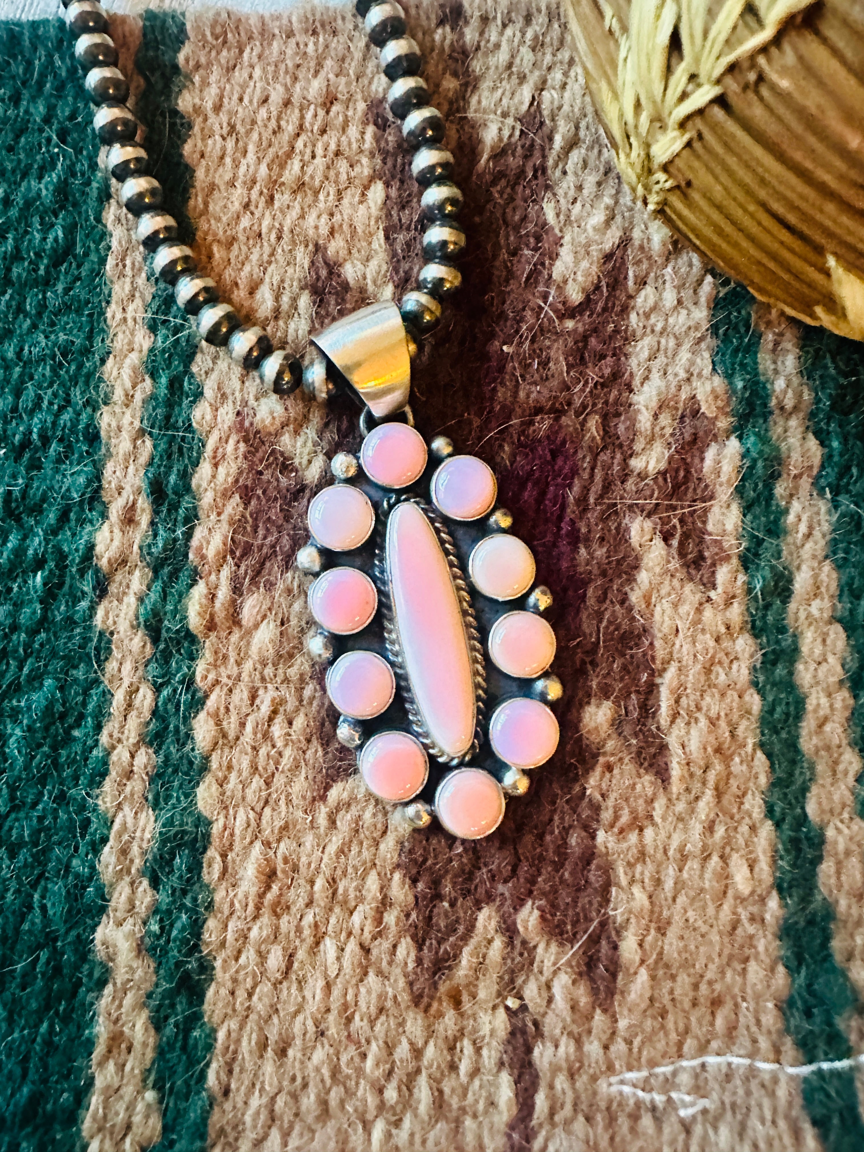 Navajo Queen Pink Conch Shell & Sterling Silver Cluster Pendant