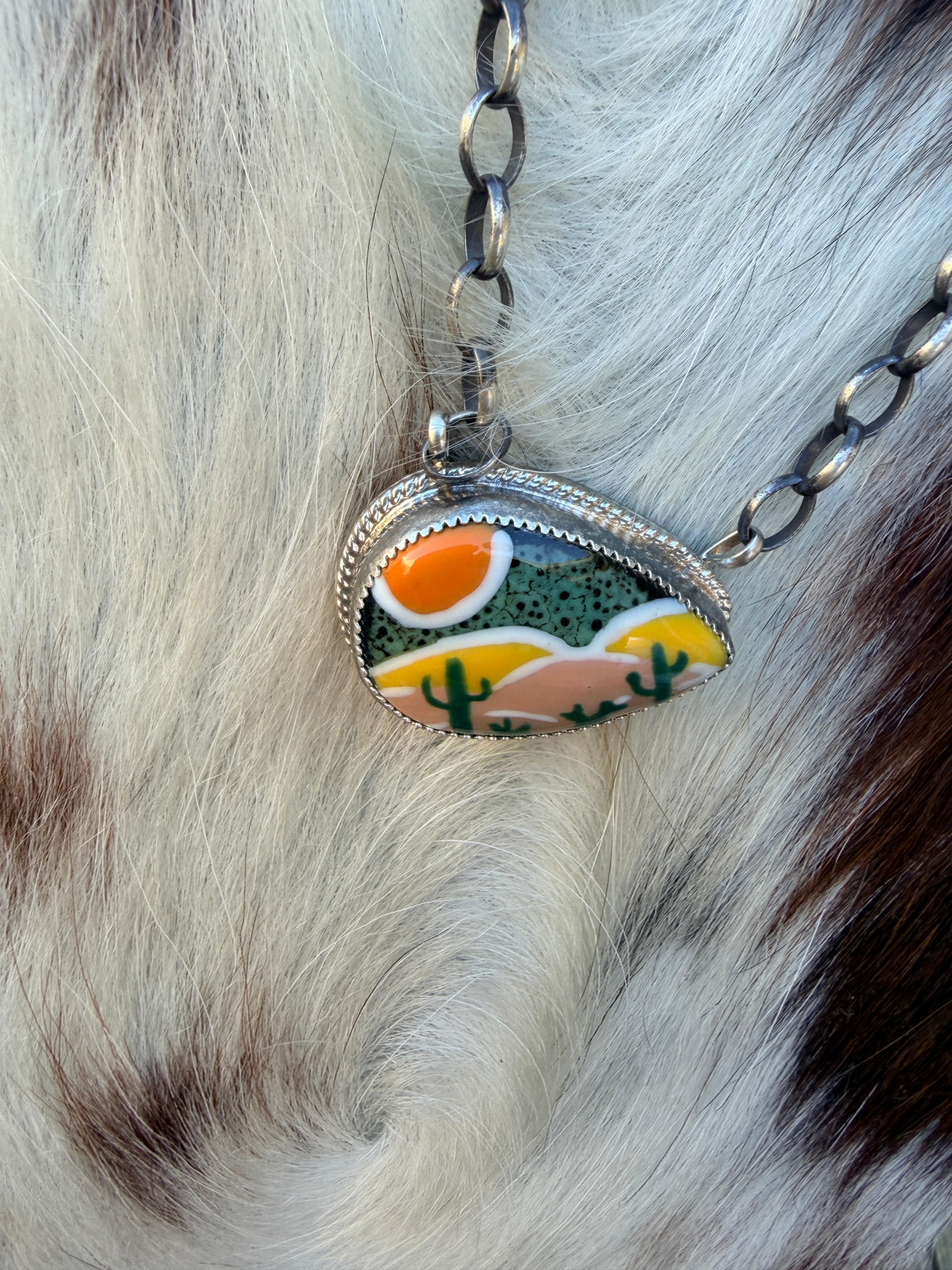 Handmade Sterling Silver & Jasper Painted Cactus Necklace