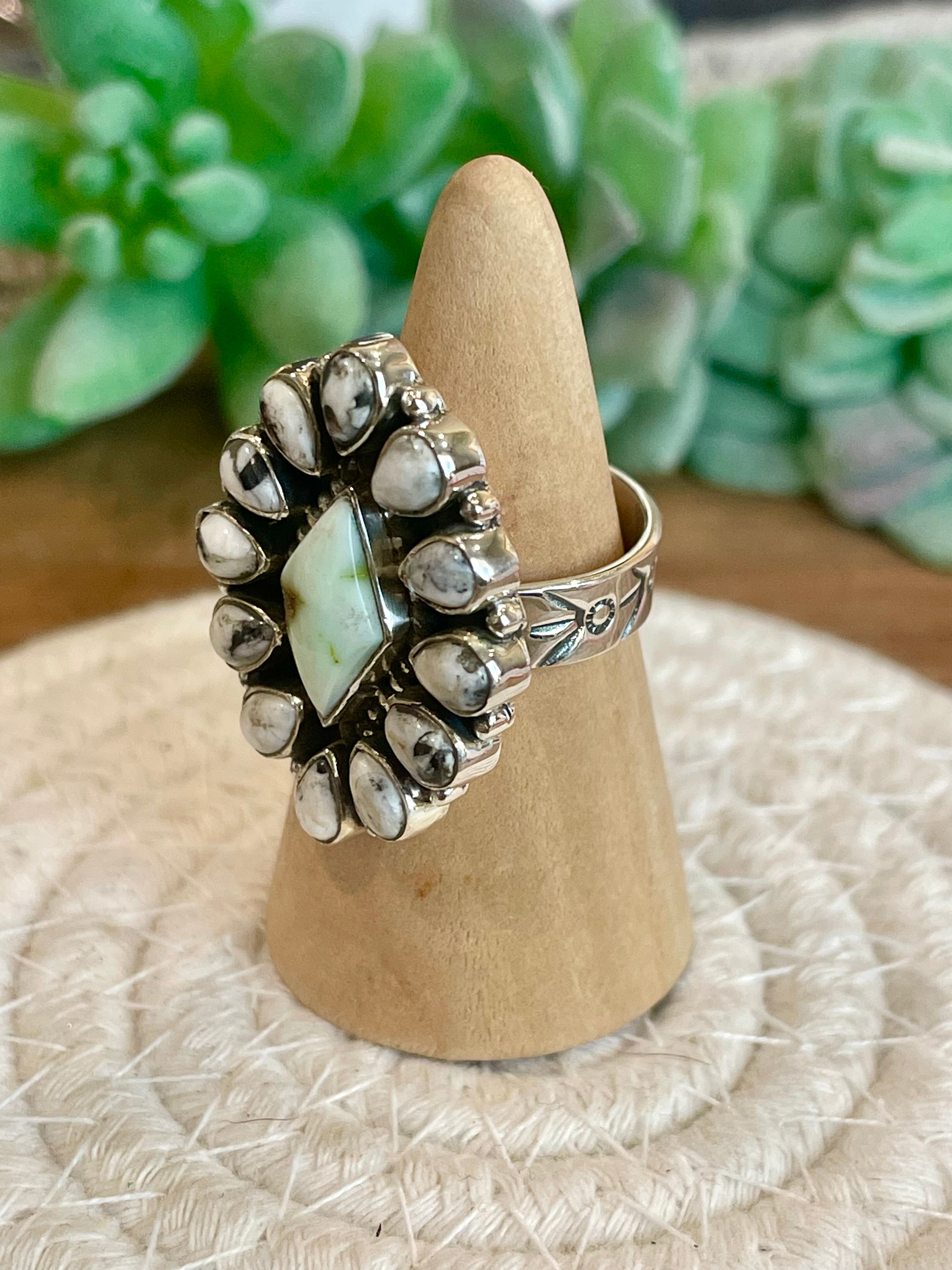 Beautiful Handmade Palomino Variscite, White Buffalo And Sterling Silver Adjustable Ring