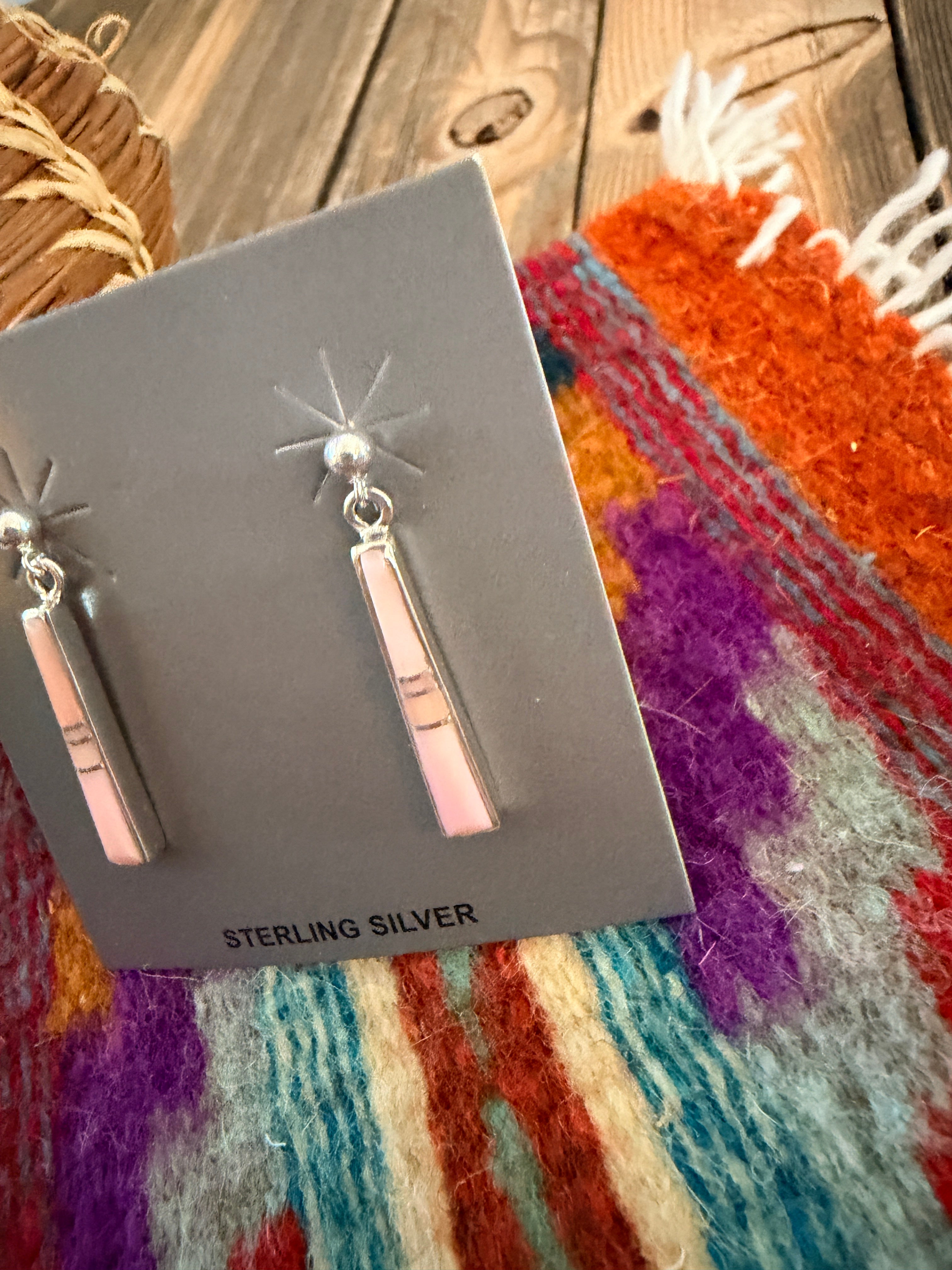 Handcrafted Queen Pink Conch & Sterling Silver Inlay Dangle Earrings by Rick Tolino