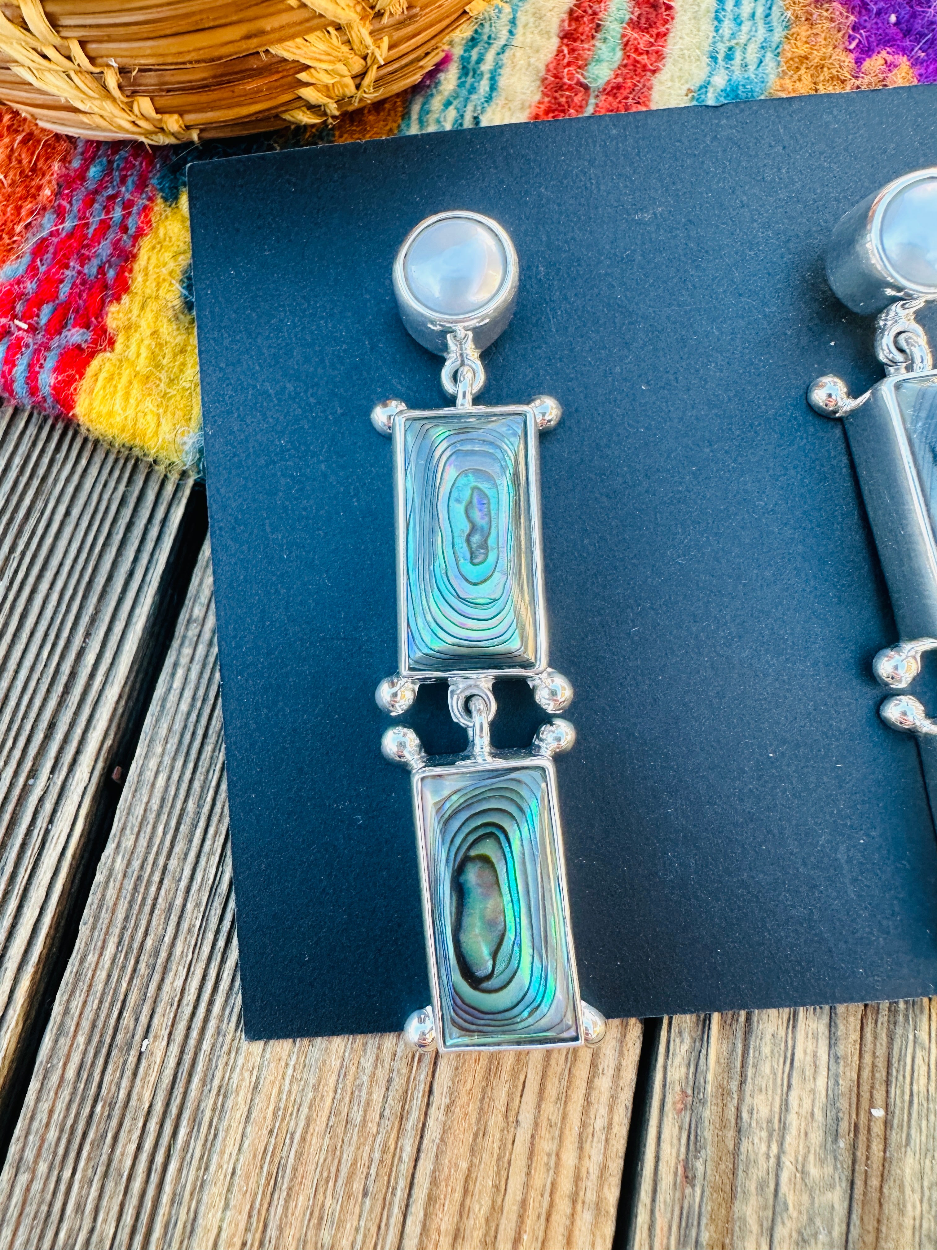 Handcrafted Abalone, Mother of Pearl & Sterling Silver Dangle Earrings by Federico Jimenez