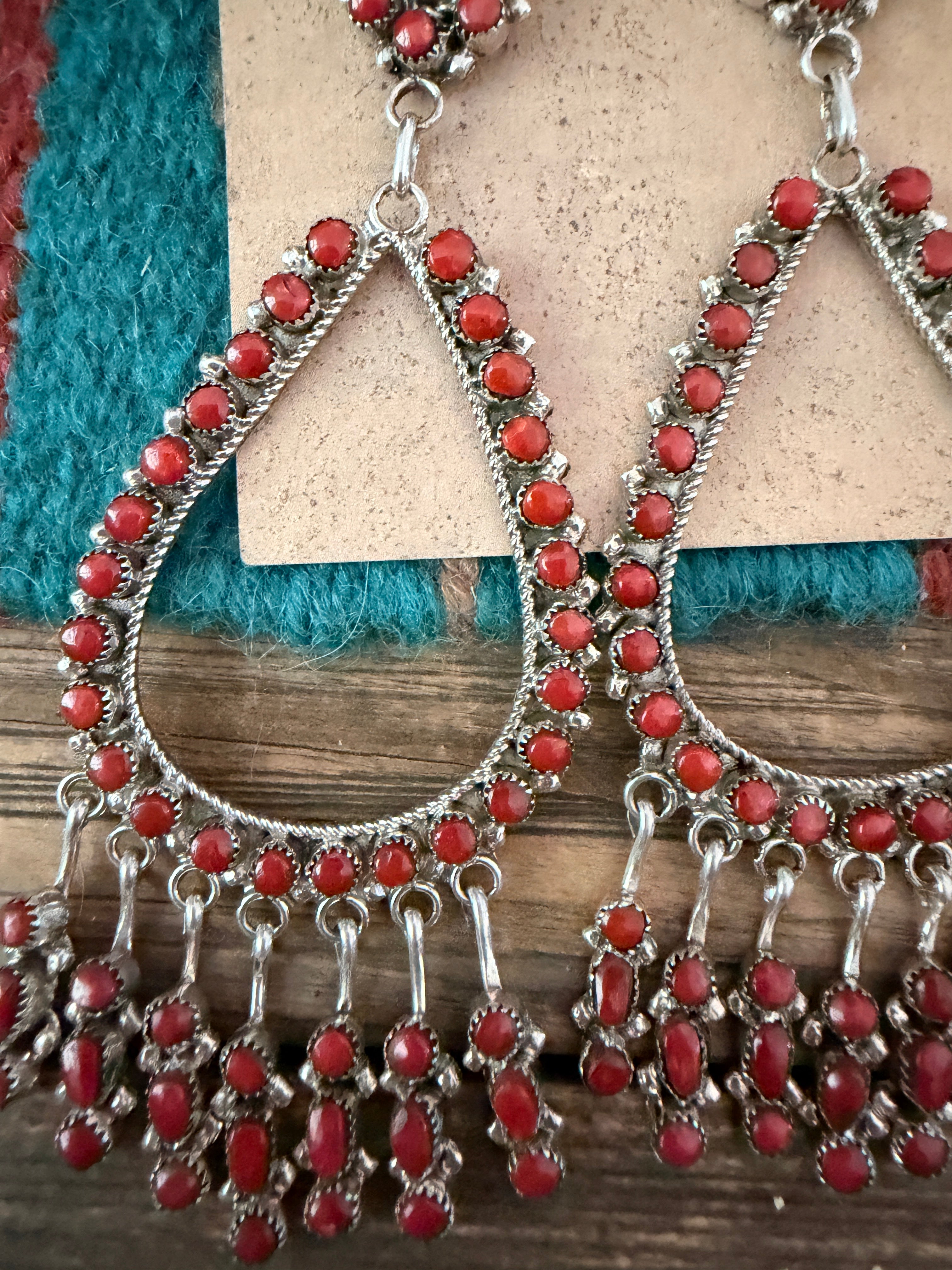 Handcrafted Coral & Sterling Silver Chandelier Dangle Earrings