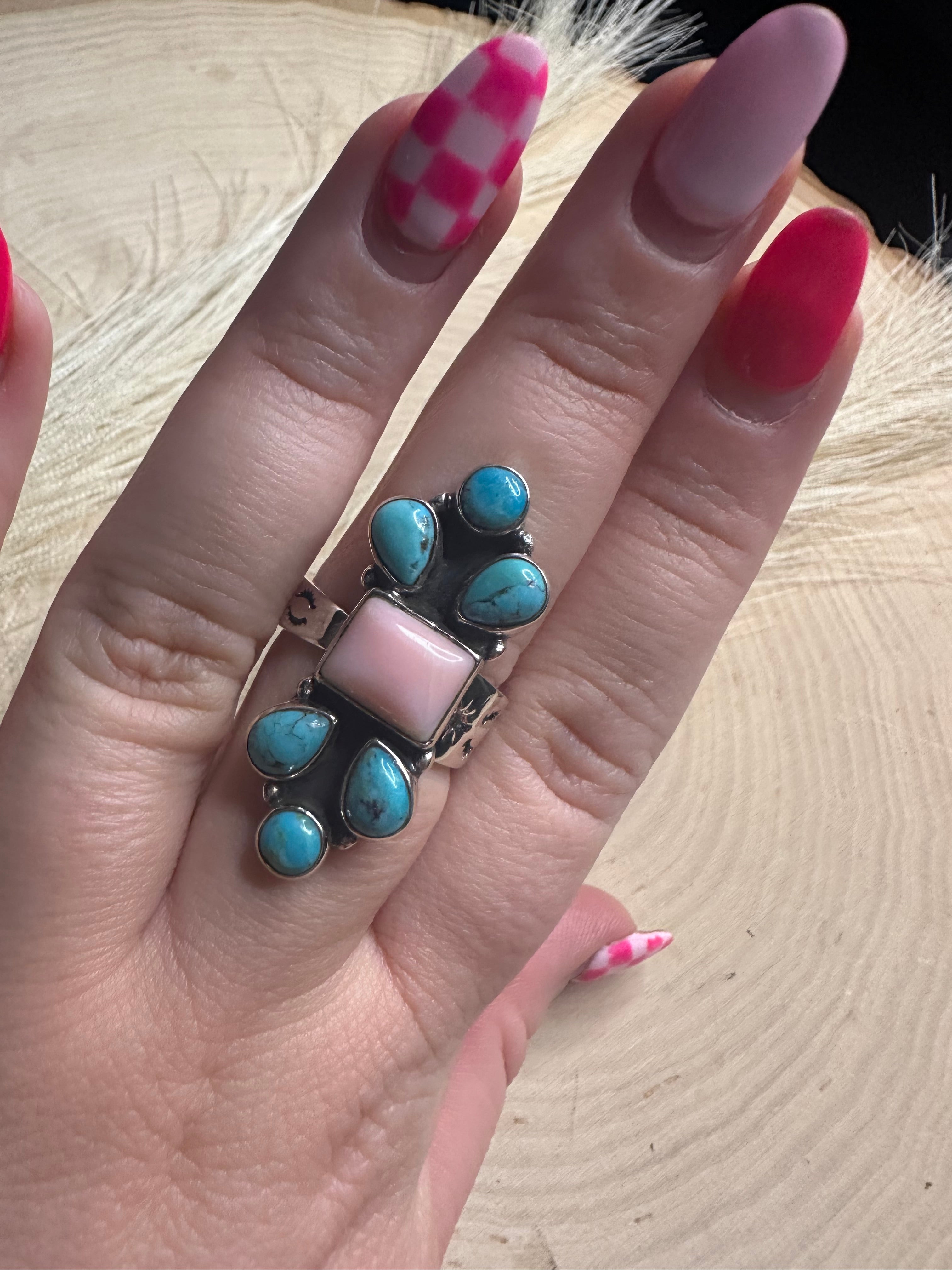 Beautiful Handmade Turquoise, Pink Conch And Sterling Silver Adjustable Ring 2